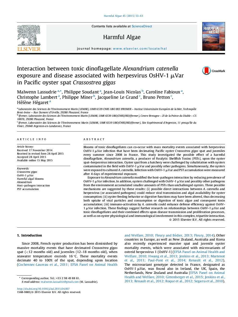 Interaction between toxic dinoflagellate Alexandrium catenella exposure and disease associated with herpesvirus OsHV-1 μVar in Pacific oyster spat Crassostrea gigas
