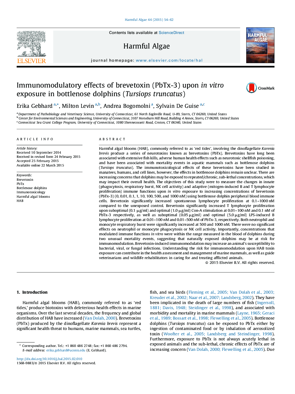 Immunomodulatory effects of brevetoxin (PbTx-3) upon in vitro exposure in bottlenose dolphins (Tursiops truncatus)