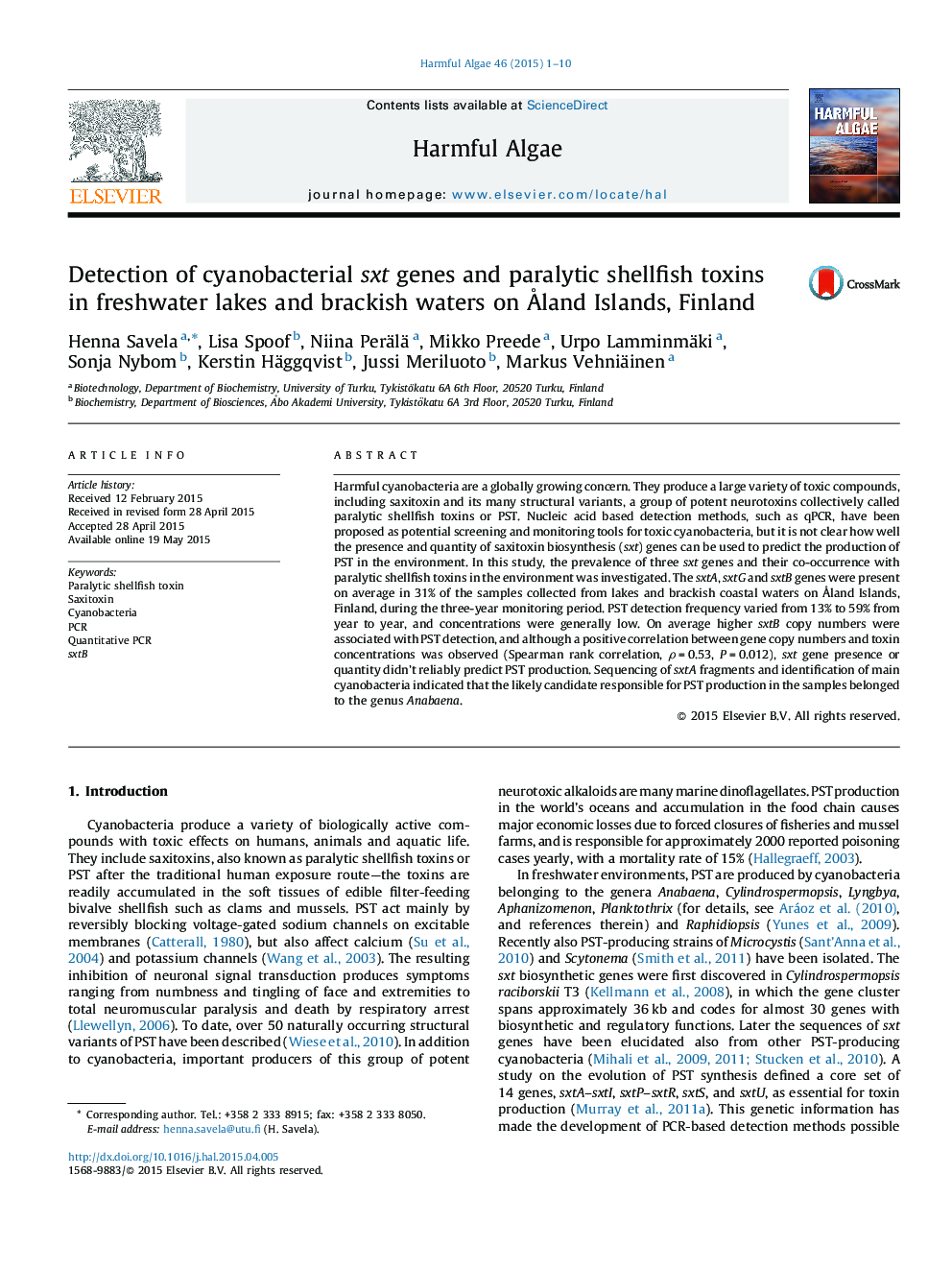 تشخیص ژنهای سندرم سینوسی باکتریایی و سموم فلوراسیون دریایی در دریاچه های آب شیرین و آب های شور در جزایر جزیره فنلاند 