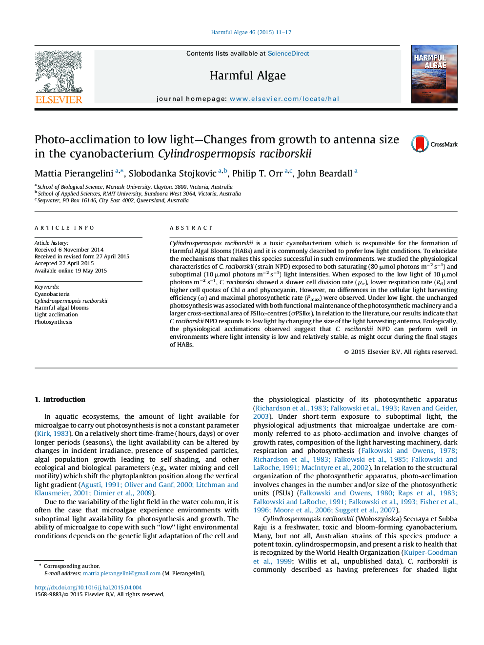 Photo-acclimation to low light—Changes from growth to antenna size in the cyanobacterium Cylindrospermopsis raciborskii