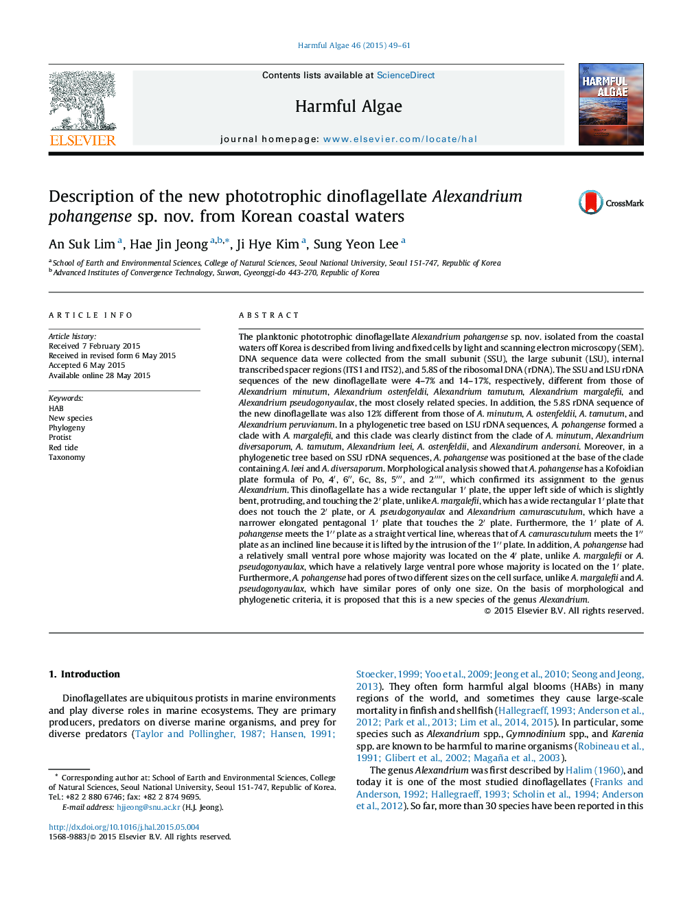 Description of the new phototrophic dinoflagellate Alexandrium pohangense sp. nov. from Korean coastal waters