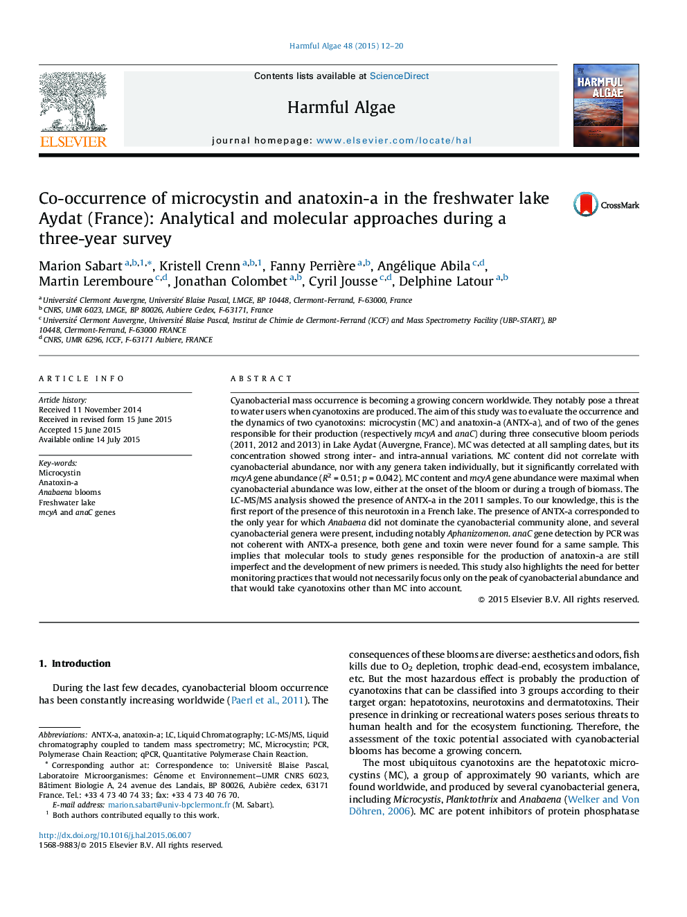 Co-occurrence of microcystin and anatoxin-a in the freshwater lake Aydat (France): Analytical and molecular approaches during a three-year survey