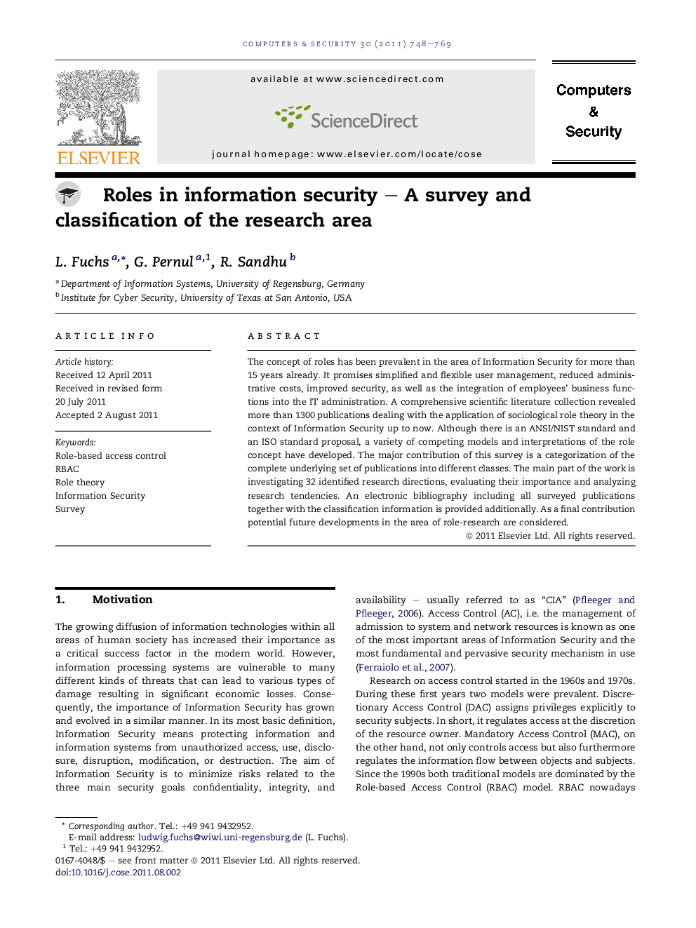 Roles in information security – A survey and classification of the research area