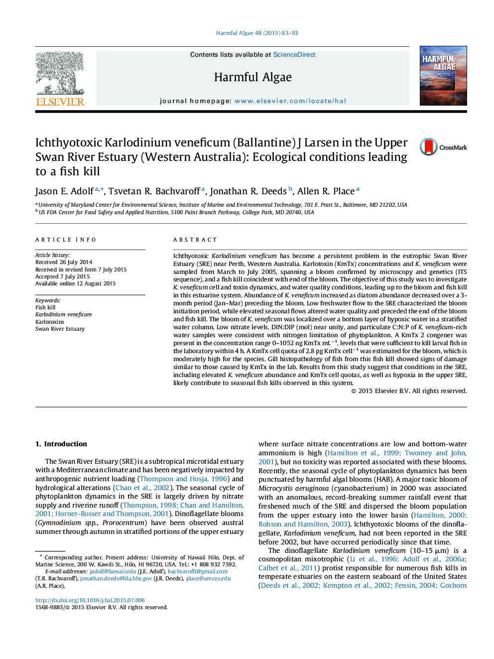 Ichthyotoxic Karlodinium veneficum (Ballantine) J Larsen in the Upper Swan River Estuary (Western Australia): Ecological conditions leading to a fish kill