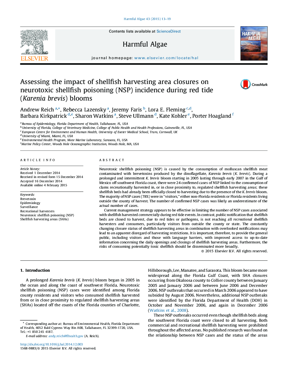 Assessing the impact of shellfish harvesting area closures on neurotoxic shellfish poisoning (NSP) incidence during red tide (Karenia brevis) blooms