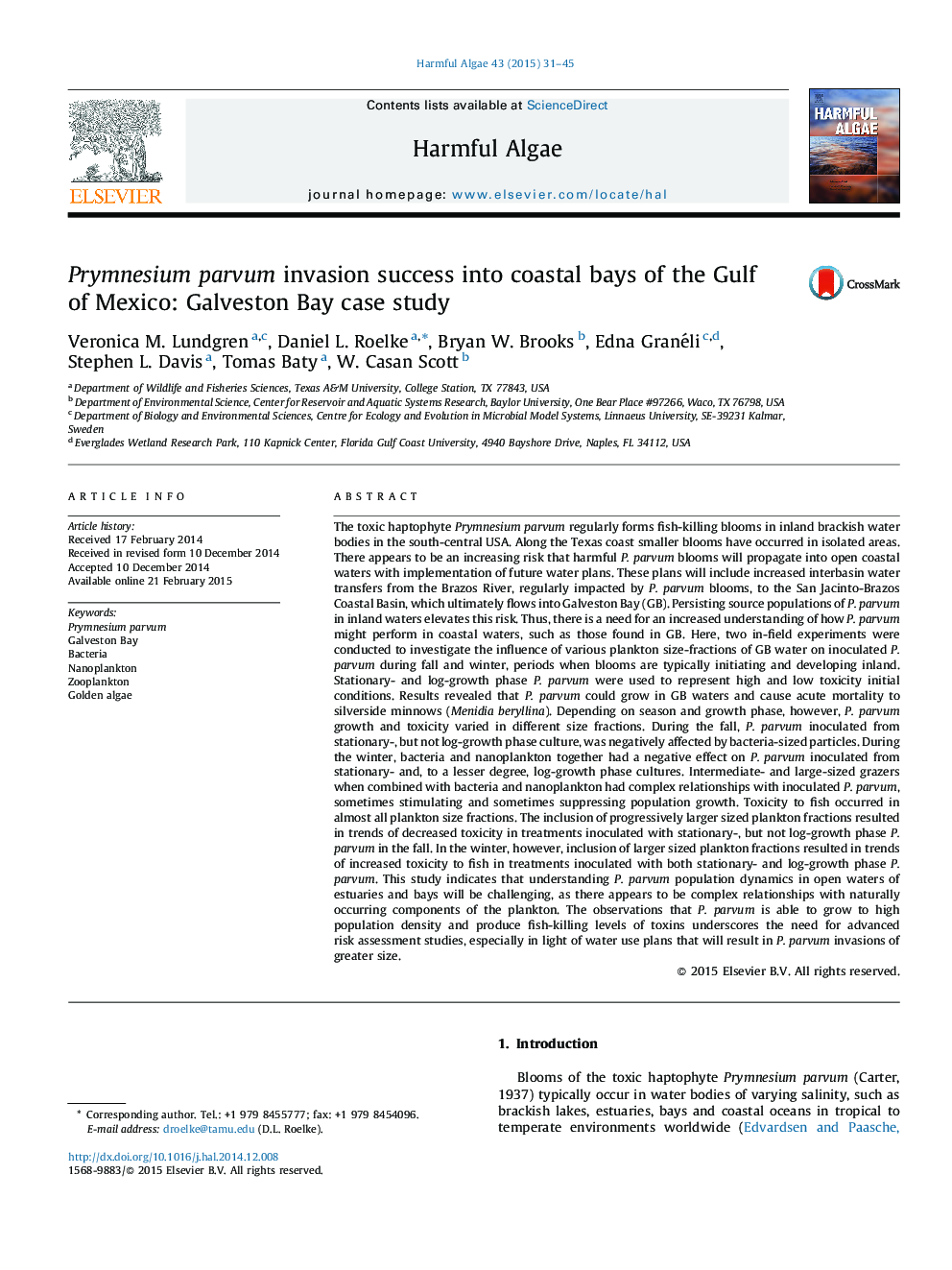 Prymnesium parvum invasion success into coastal bays of the Gulf of Mexico: Galveston Bay case study