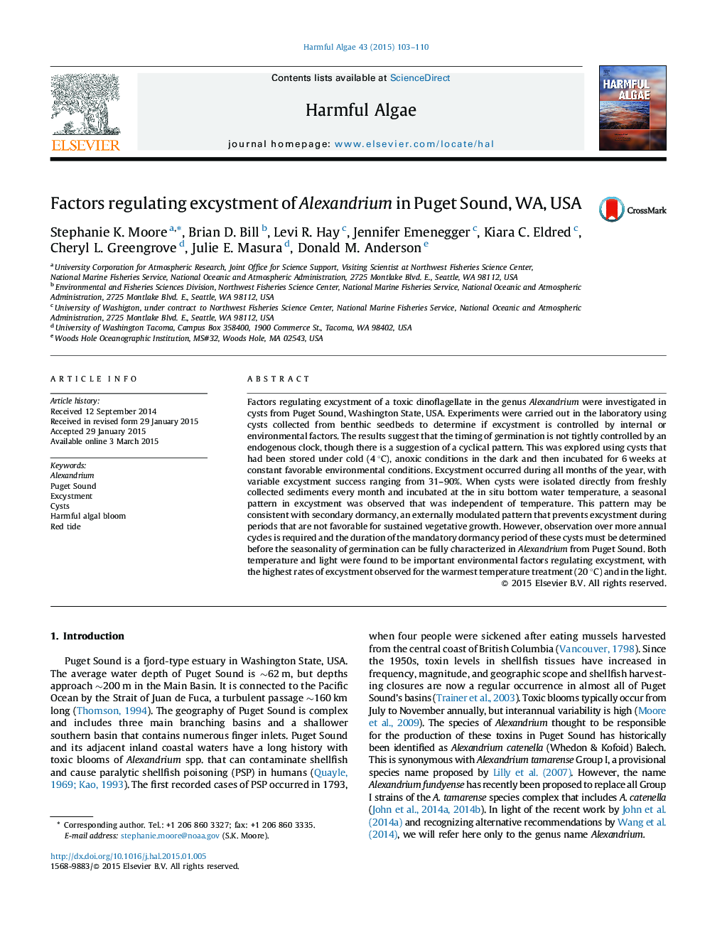 Factors regulating excystment of Alexandrium in Puget Sound, WA, USA