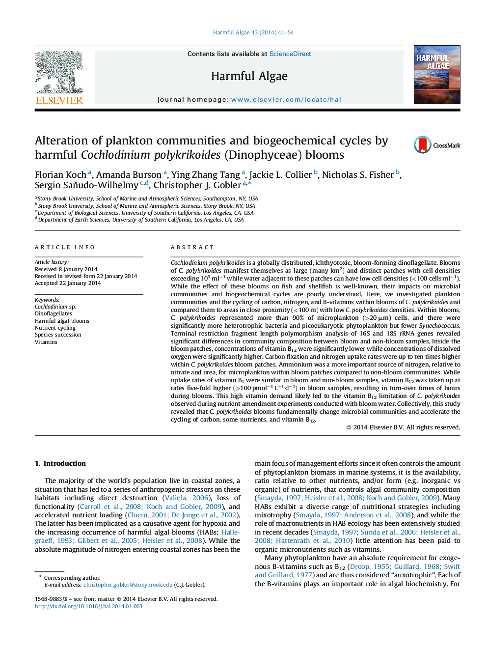 Alteration of plankton communities and biogeochemical cycles by harmful Cochlodinium polykrikoides (Dinophyceae) blooms