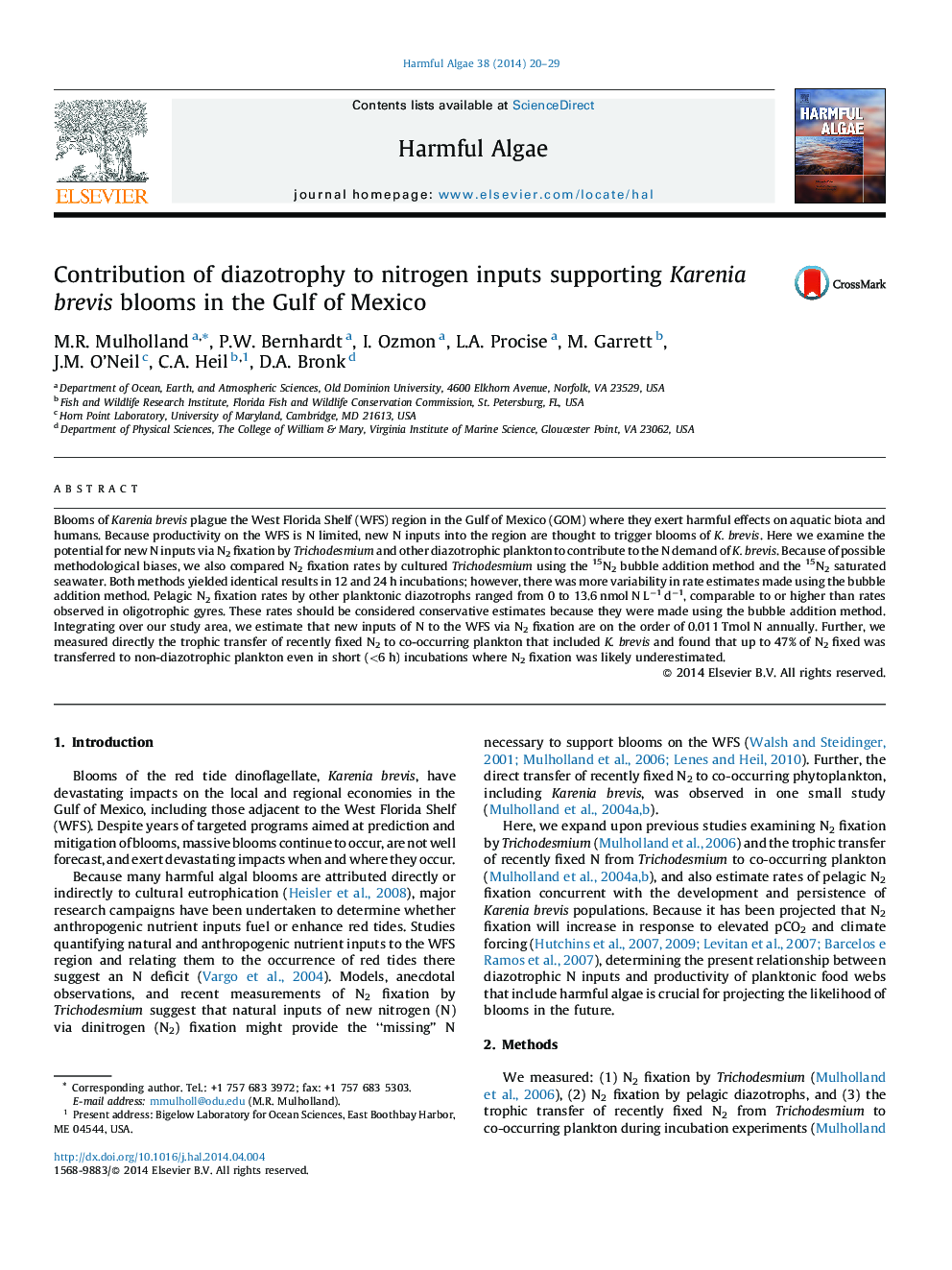 Contribution of diazotrophy to nitrogen inputs supporting Karenia brevis blooms in the Gulf of Mexico