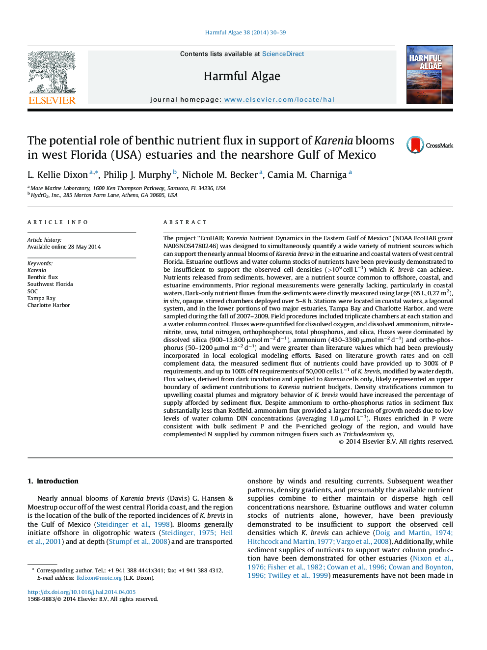 The potential role of benthic nutrient flux in support of Karenia blooms in west Florida (USA) estuaries and the nearshore Gulf of Mexico