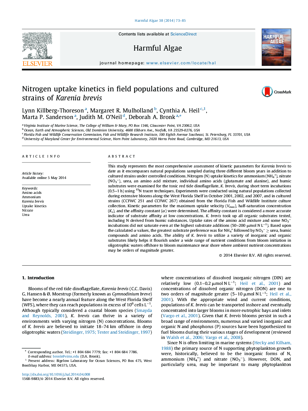 Nitrogen uptake kinetics in field populations and cultured strains of Karenia brevis