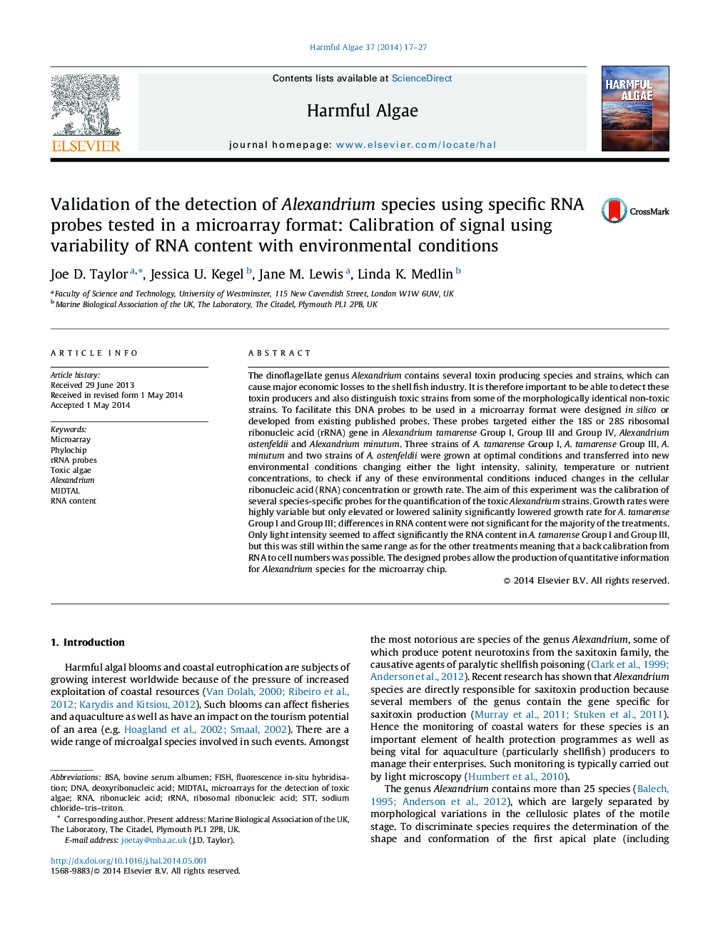 Validation of the detection of Alexandrium species using specific RNA probes tested in a microarray format: Calibration of signal using variability of RNA content with environmental conditions