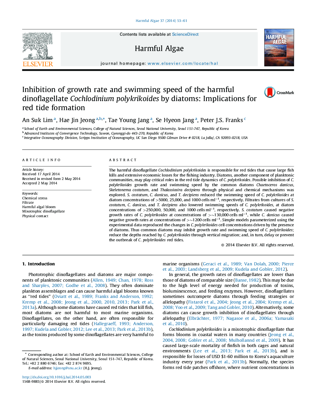 Inhibition of growth rate and swimming speed of the harmful dinoflagellate Cochlodinium polykrikoides by diatoms: Implications for red tide formation