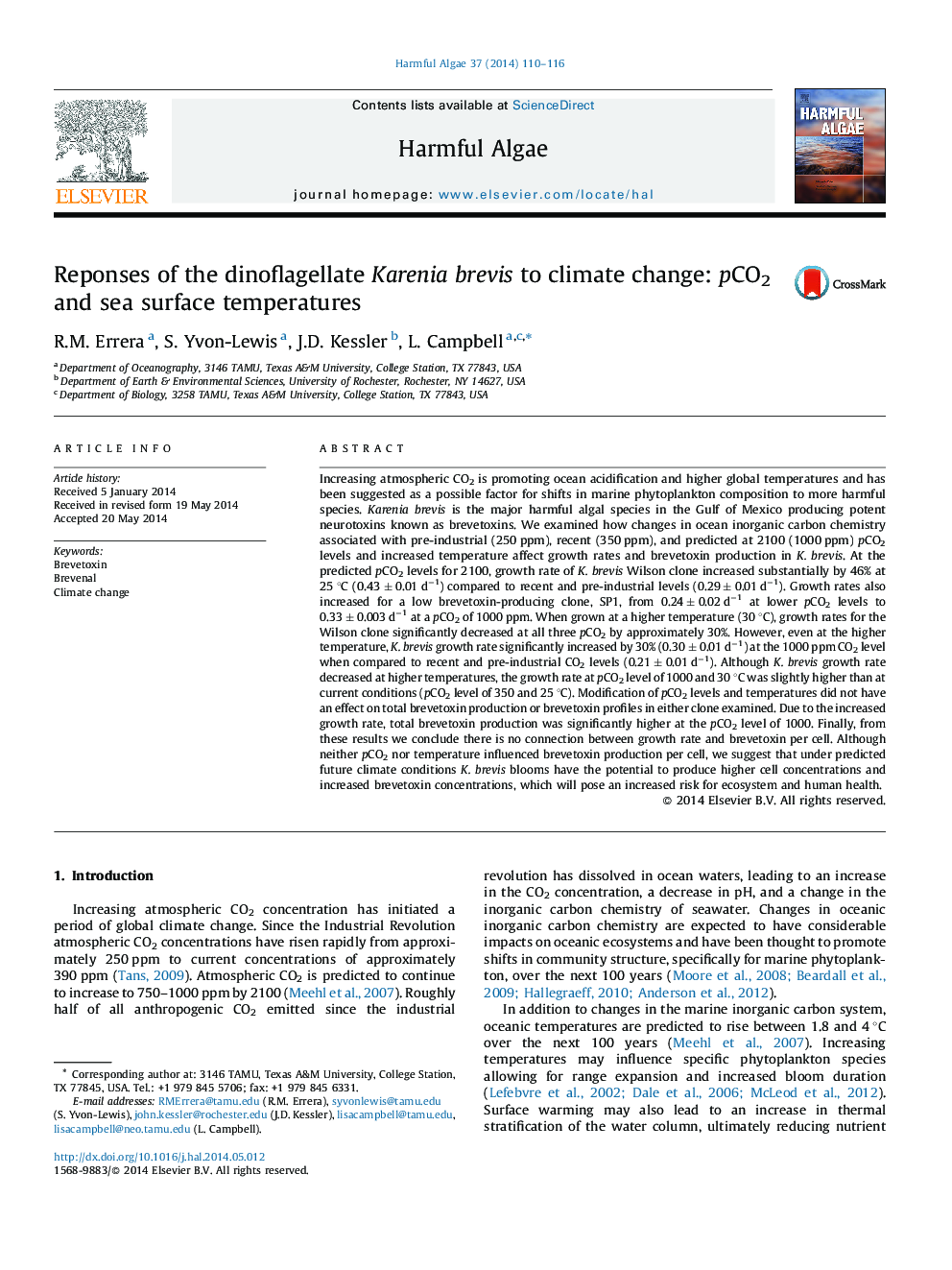 Reponses of the dinoflagellate Karenia brevis to climate change: pCO2 and sea surface temperatures