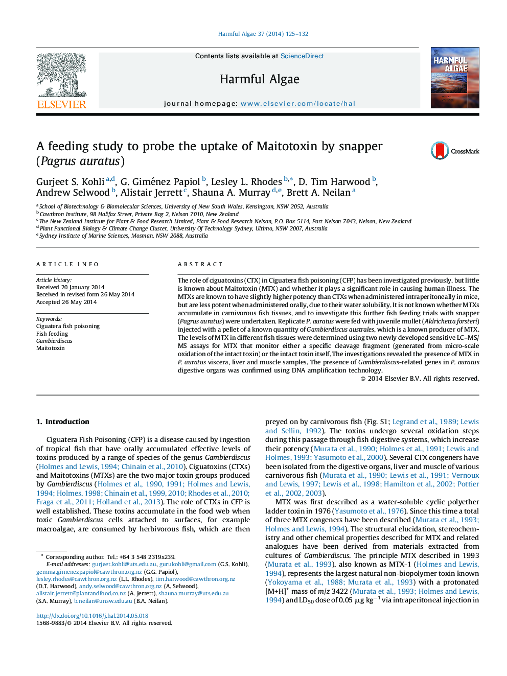 A feeding study to probe the uptake of Maitotoxin by snapper (Pagrus auratus)