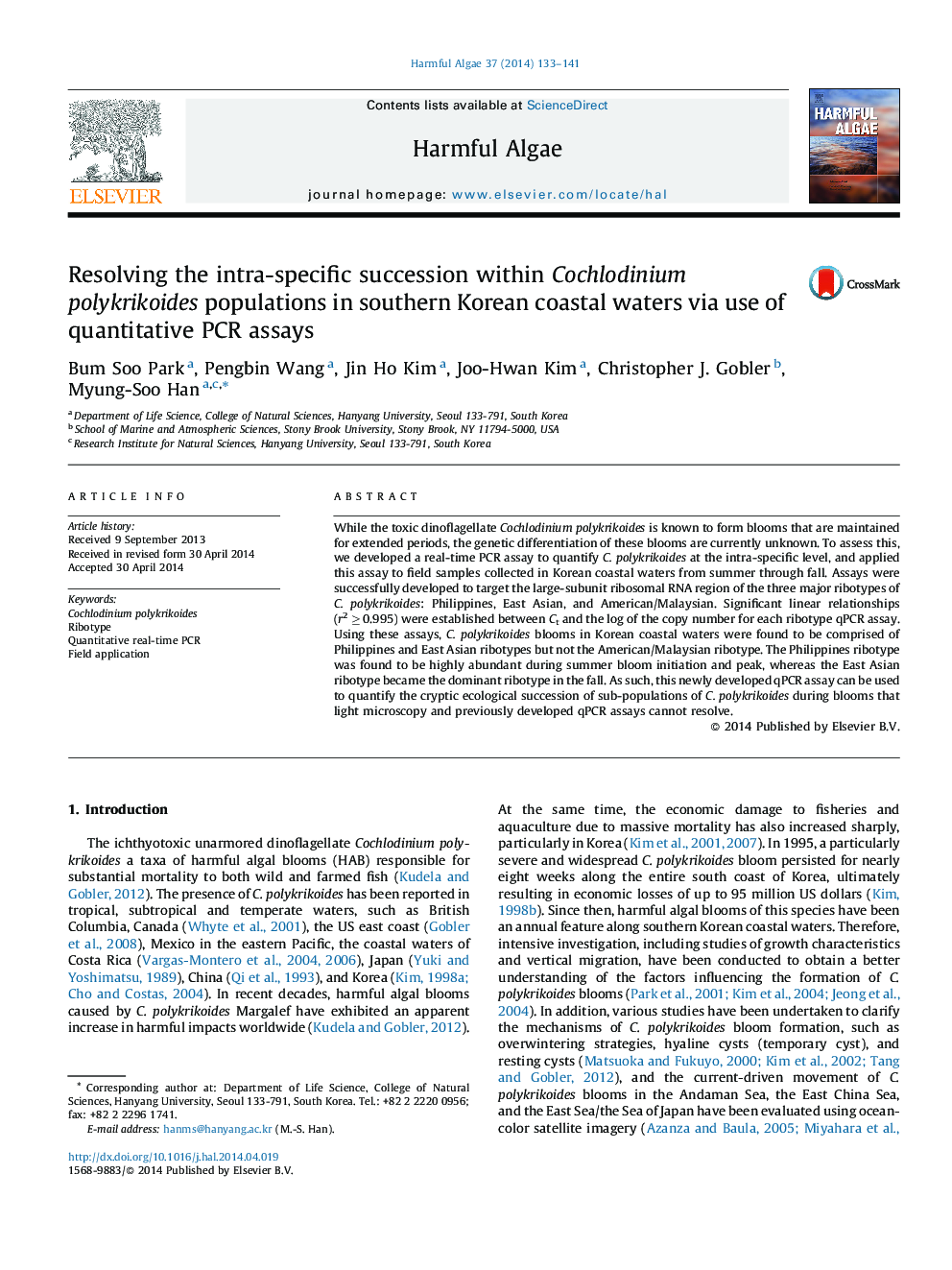 Resolving the intra-specific succession within Cochlodinium polykrikoides populations in southern Korean coastal waters via use of quantitative PCR assays