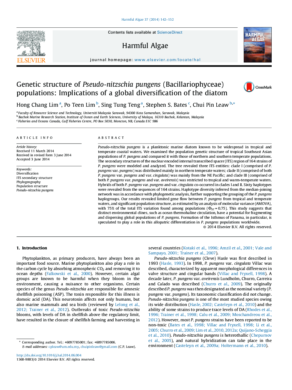 Genetic structure of Pseudo-nitzschia pungens (Bacillariophyceae) populations: Implications of a global diversification of the diatom