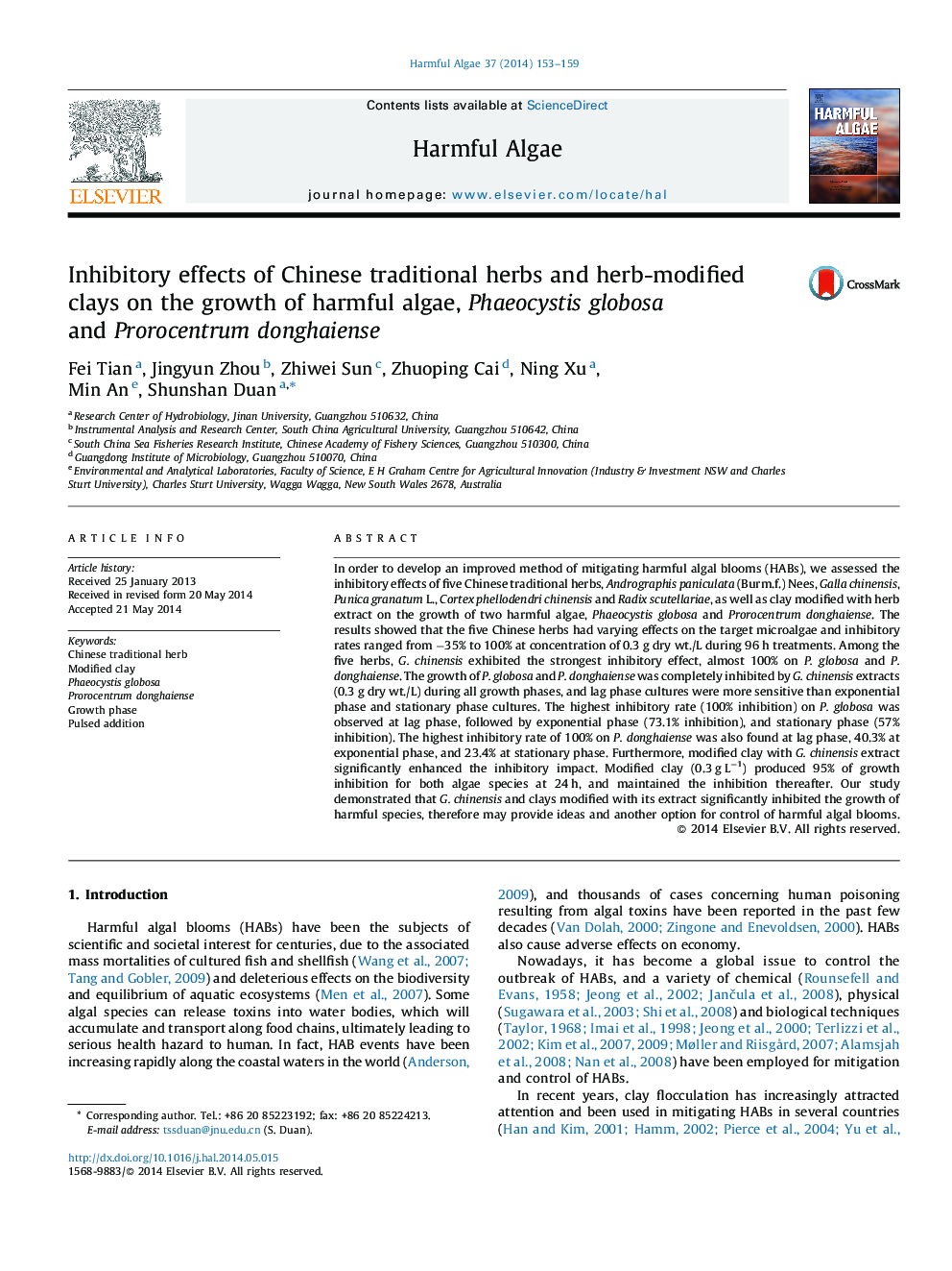 Inhibitory effects of Chinese traditional herbs and herb-modified clays on the growth of harmful algae, Phaeocystis globosa and Prorocentrum donghaiense