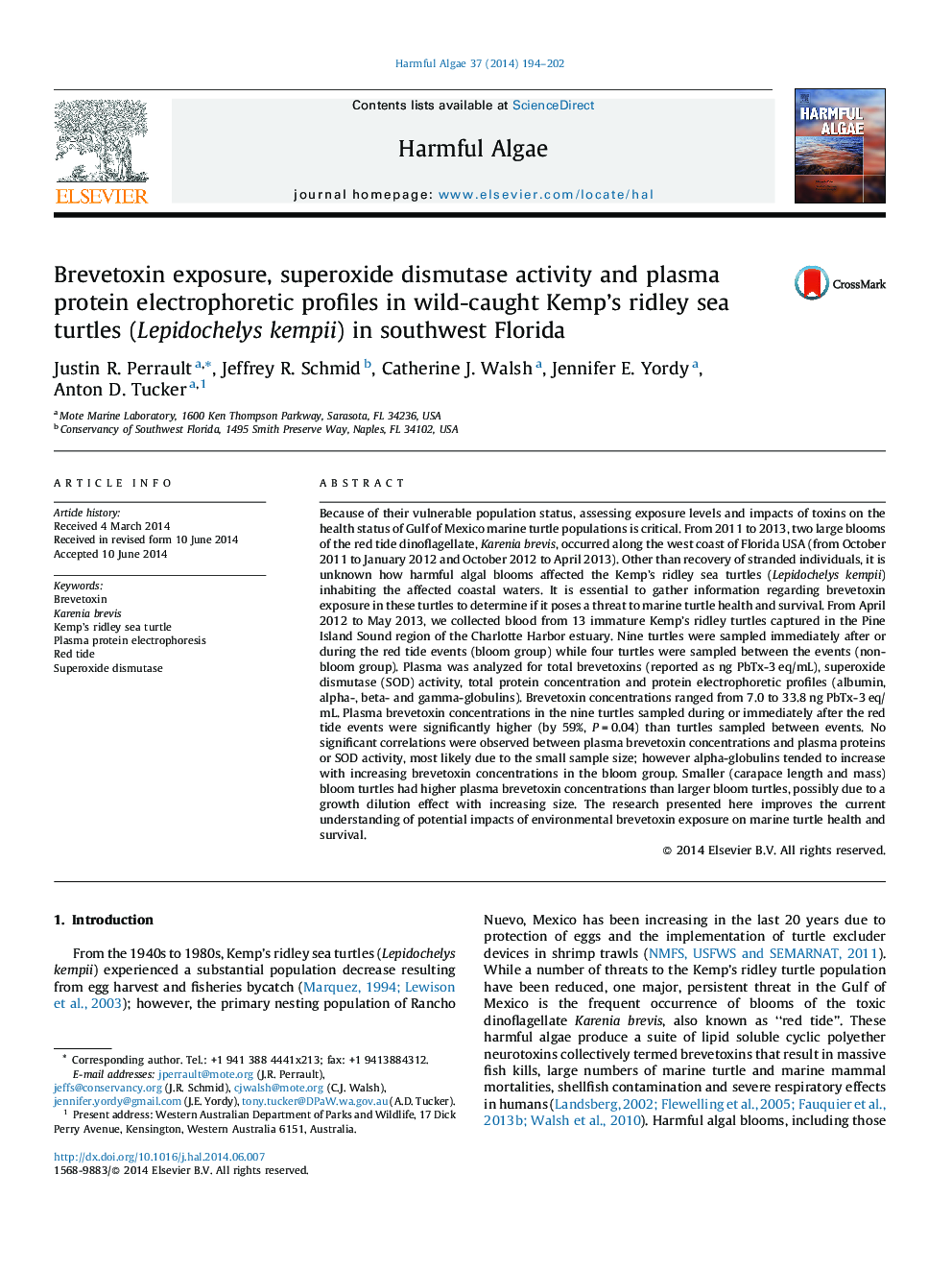 Brevetoxin exposure, superoxide dismutase activity and plasma protein electrophoretic profiles in wild-caught Kemp's ridley sea turtles (Lepidochelys kempii) in southwest Florida