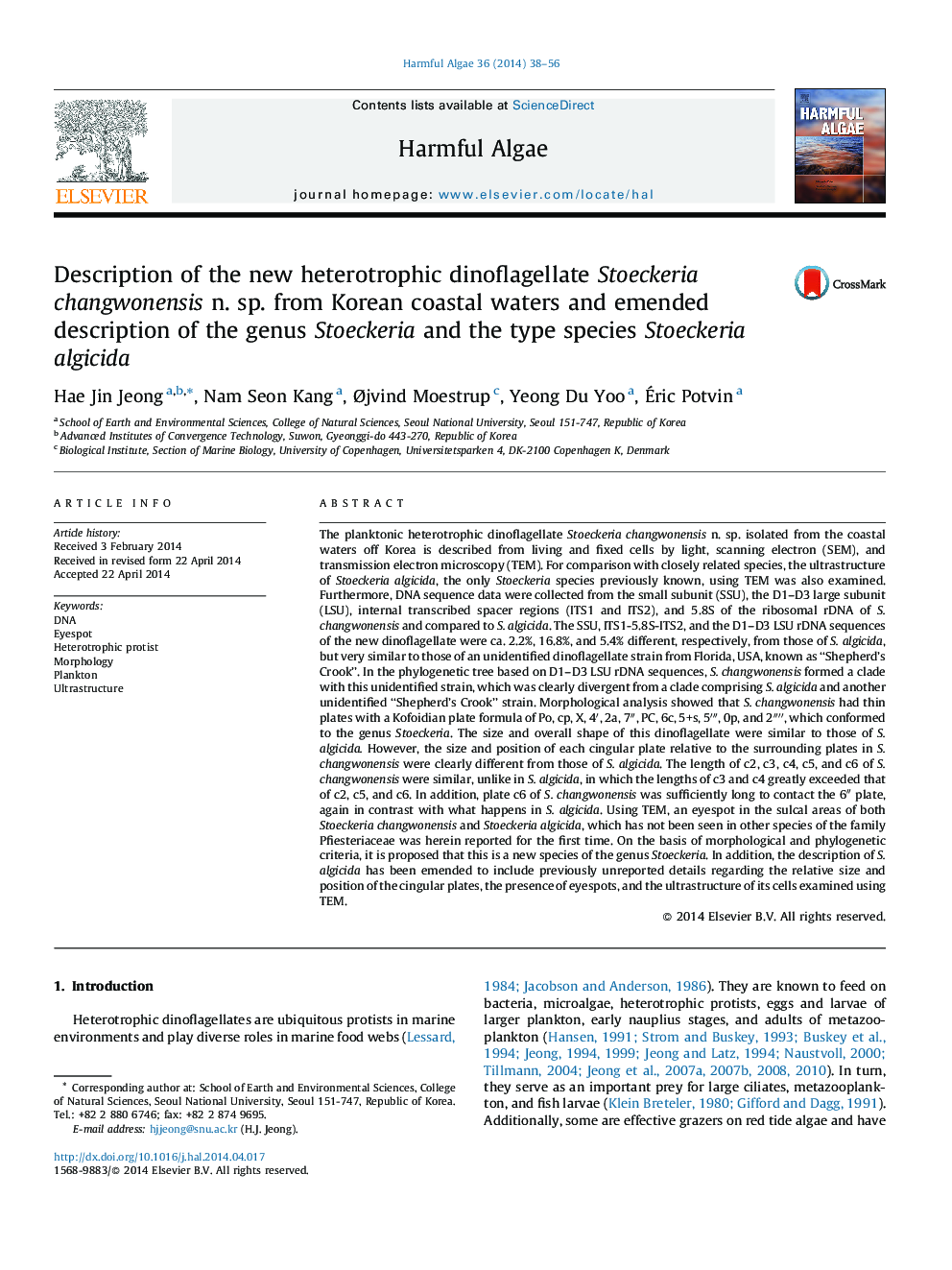 Description of the new heterotrophic dinoflagellate Stoeckeria changwonensis n. sp. from Korean coastal waters and emended description of the genus Stoeckeria and the type species Stoeckeria algicida