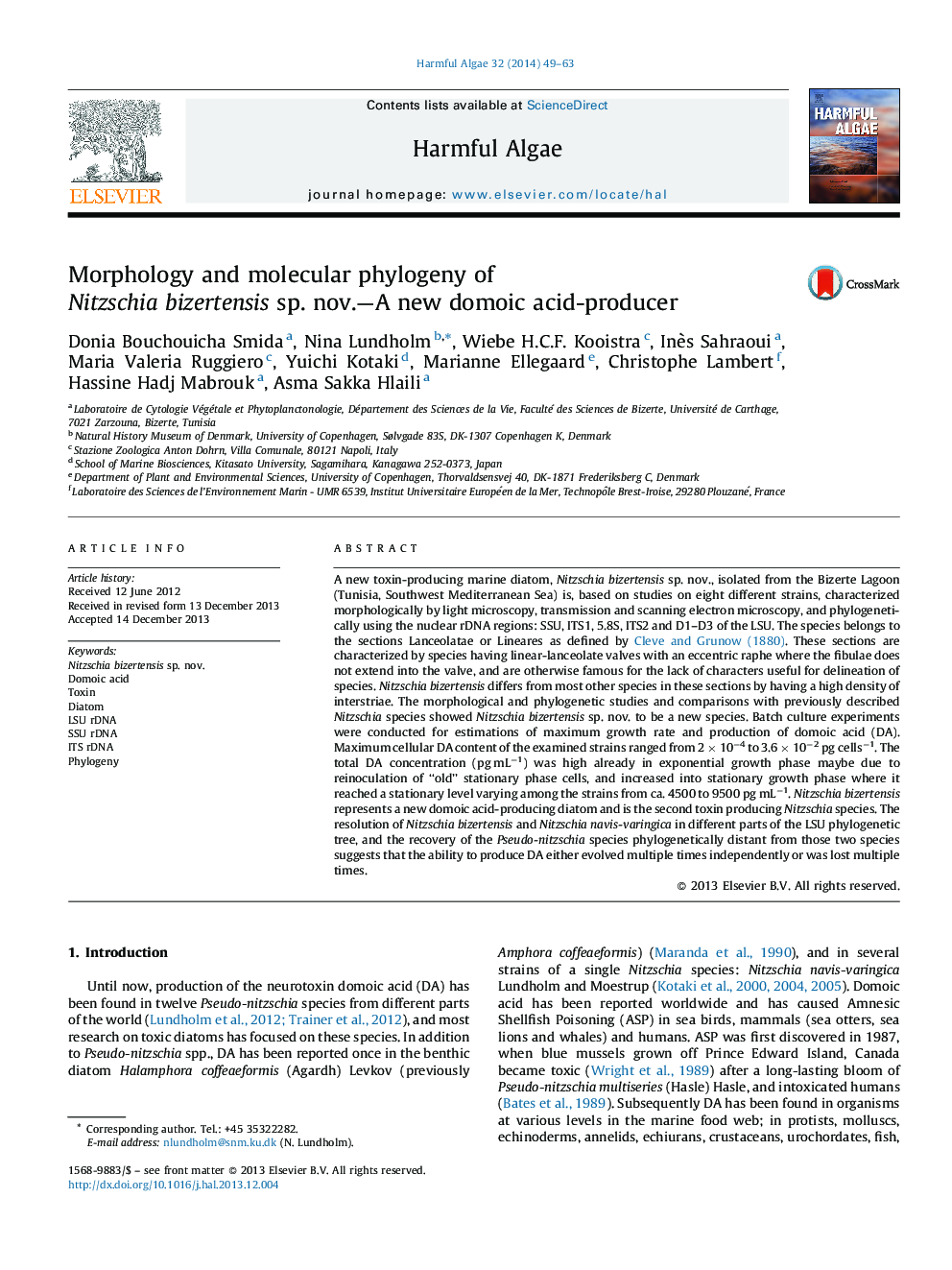 Morphology and molecular phylogeny of Nitzschia bizertensis sp. nov.—A new domoic acid-producer