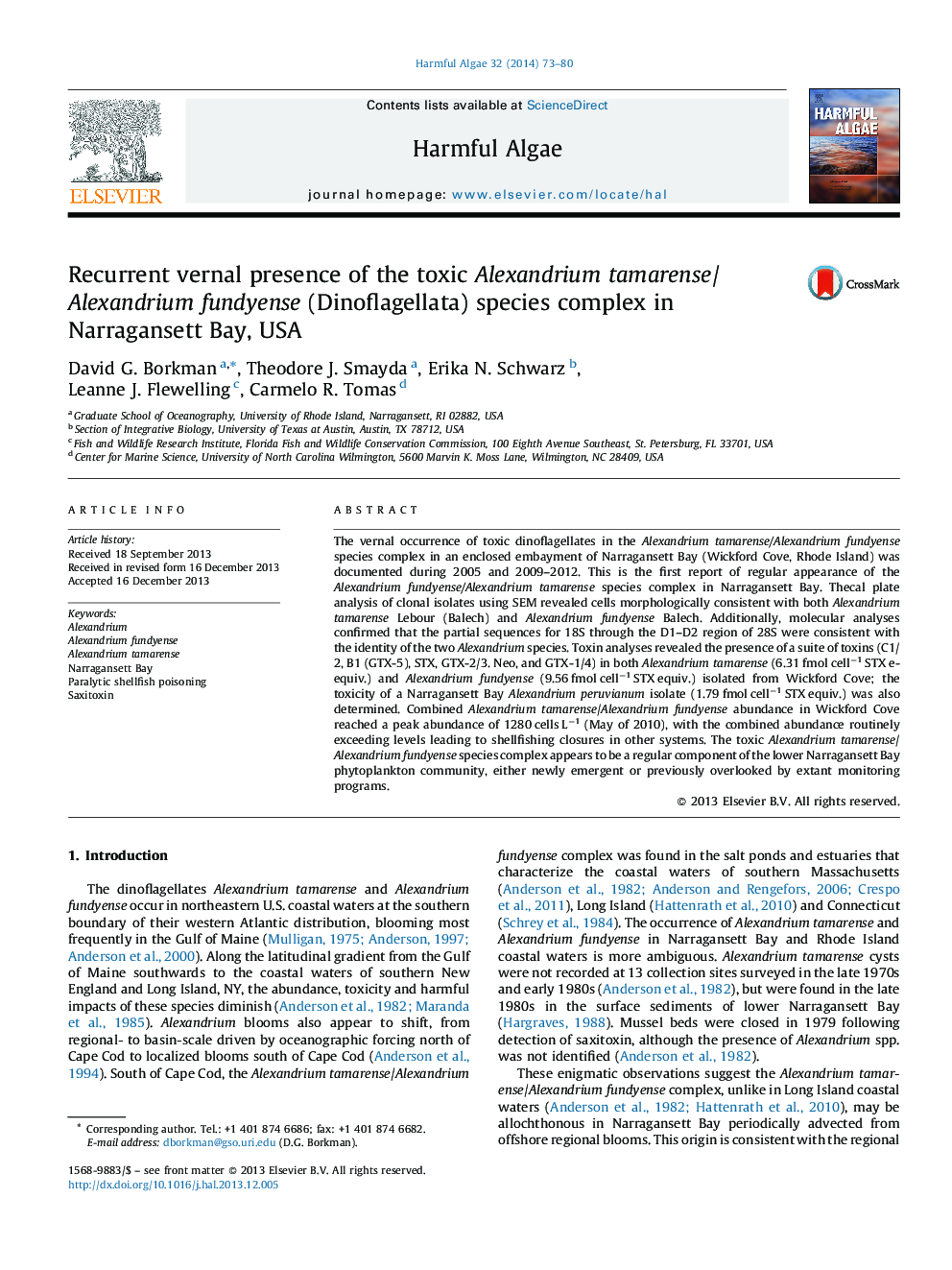 Recurrent vernal presence of the toxic Alexandrium tamarense/Alexandrium fundyense (Dinoflagellata) species complex in Narragansett Bay, USA