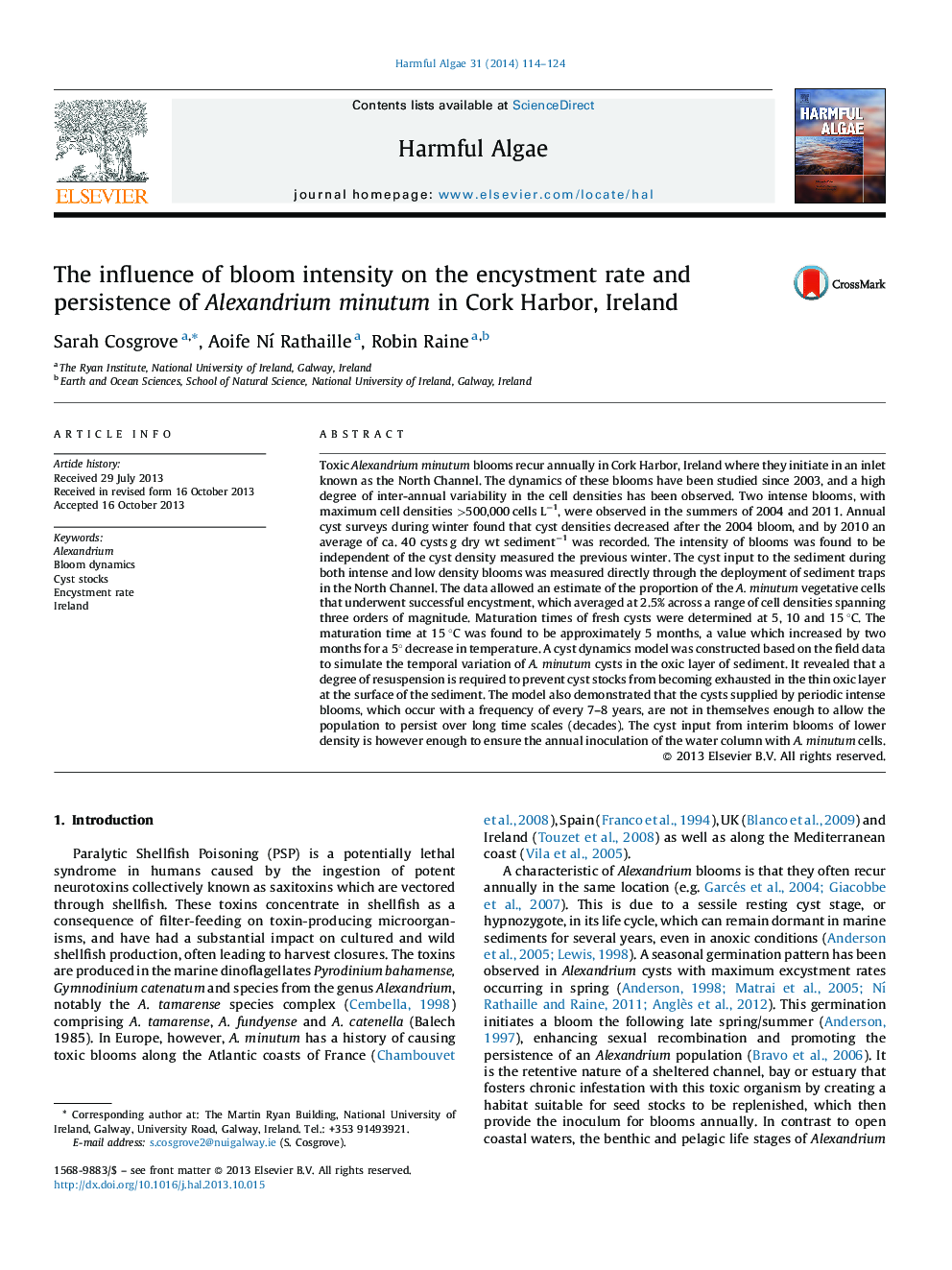 The influence of bloom intensity on the encystment rate and persistence of Alexandrium minutum in Cork Harbor, Ireland