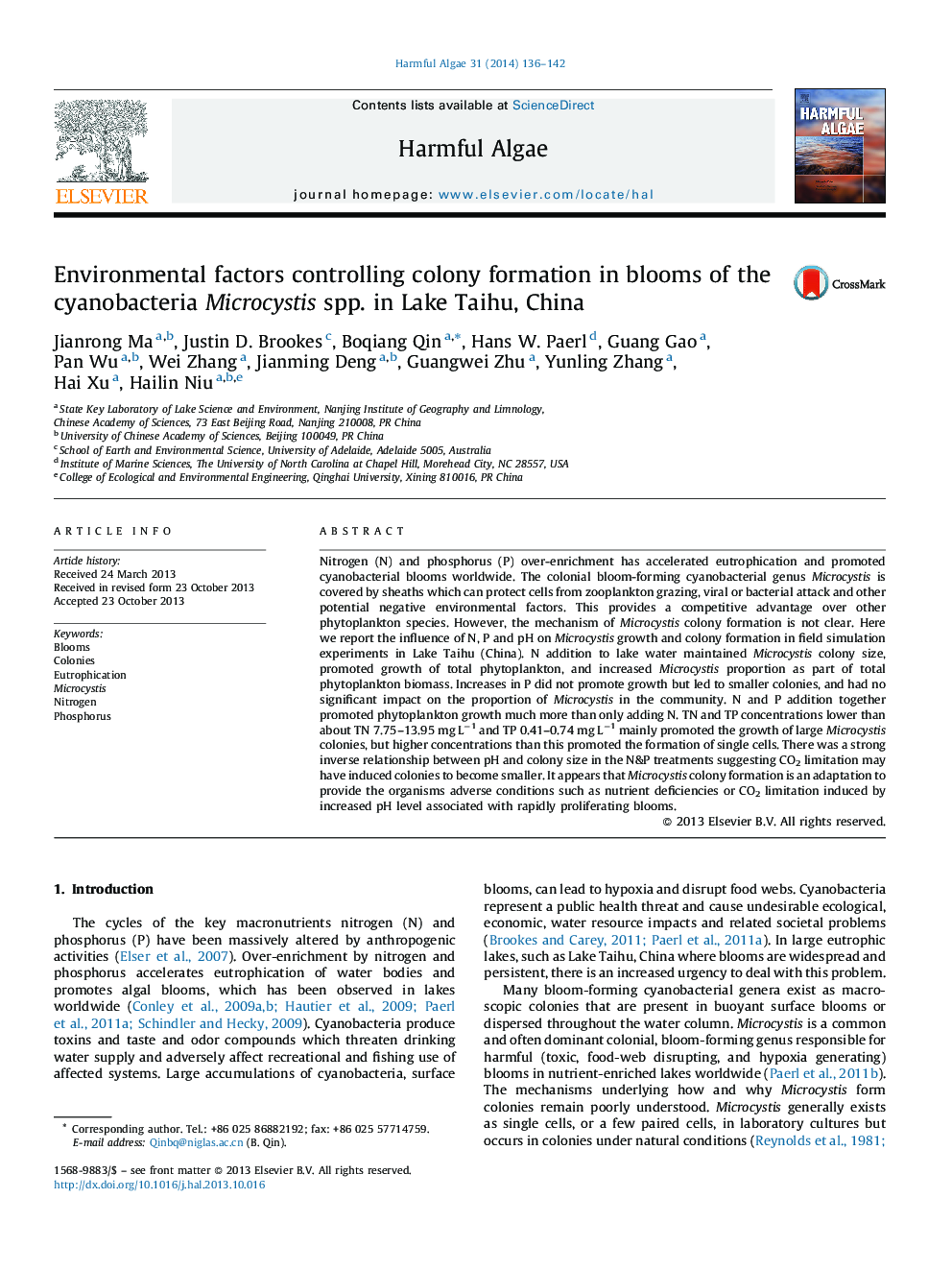 Environmental factors controlling colony formation in blooms of the cyanobacteria Microcystis spp. in Lake Taihu, China