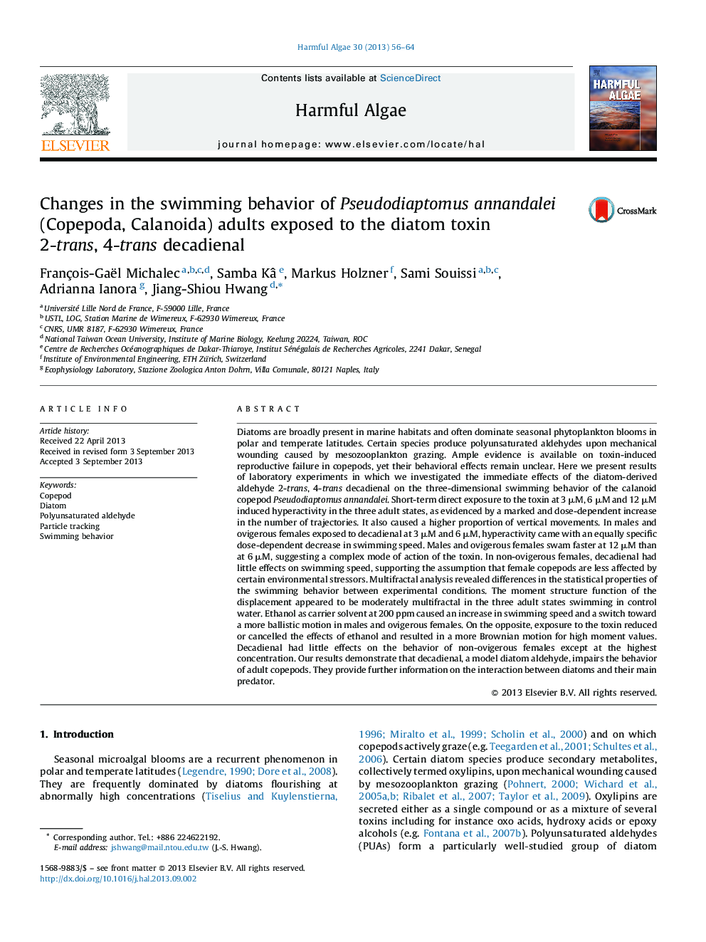 Changes in the swimming behavior of Pseudodiaptomus annandalei (Copepoda, Calanoida) adults exposed to the diatom toxin 2-trans, 4-trans decadienal