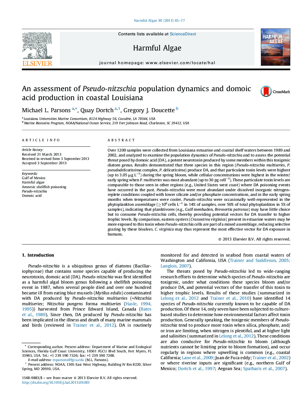 An assessment of Pseudo-nitzschia population dynamics and domoic acid production in coastal Louisiana
