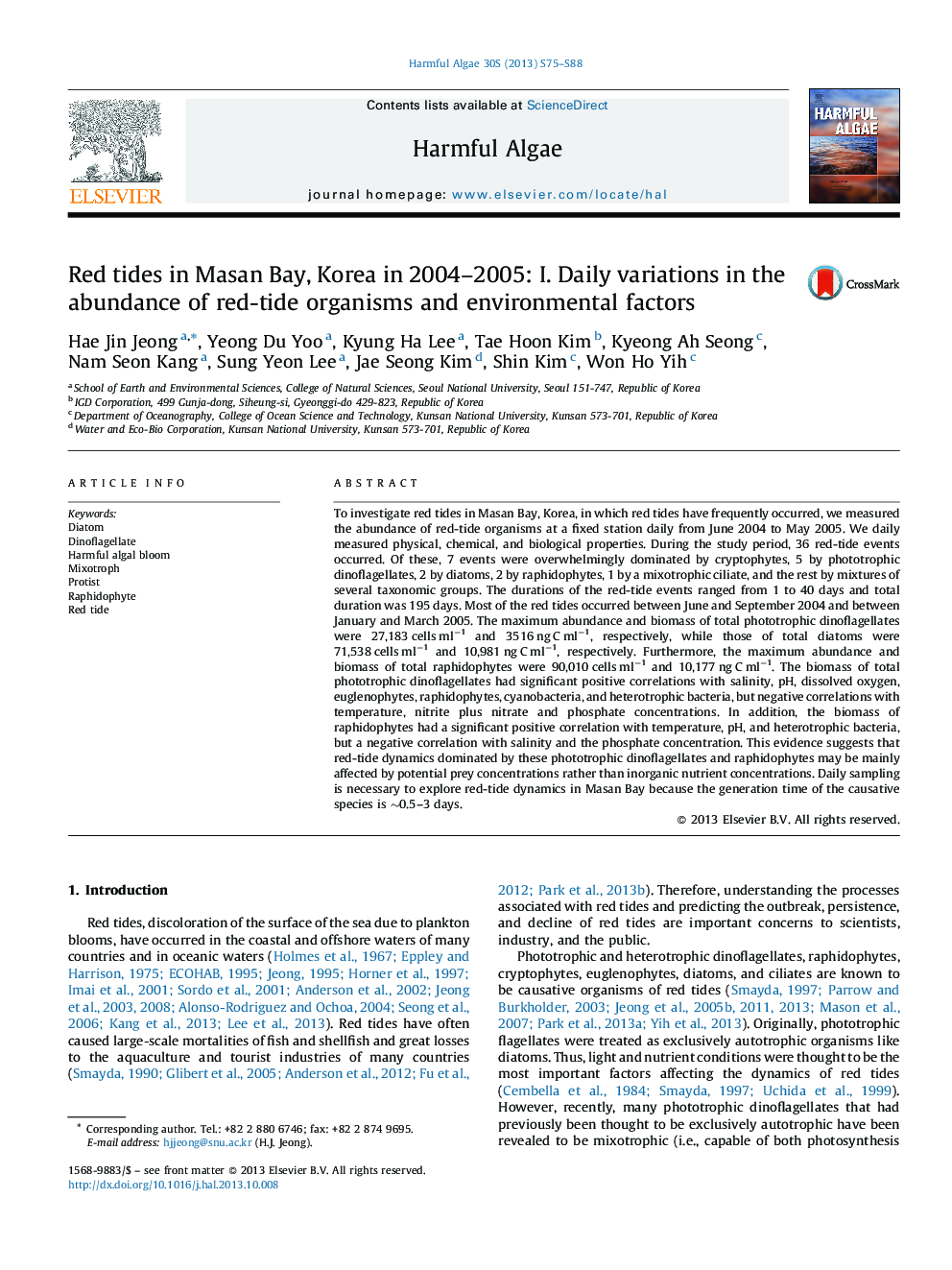 Red tides in Masan Bay, Korea in 2004–2005: I. Daily variations in the abundance of red-tide organisms and environmental factors