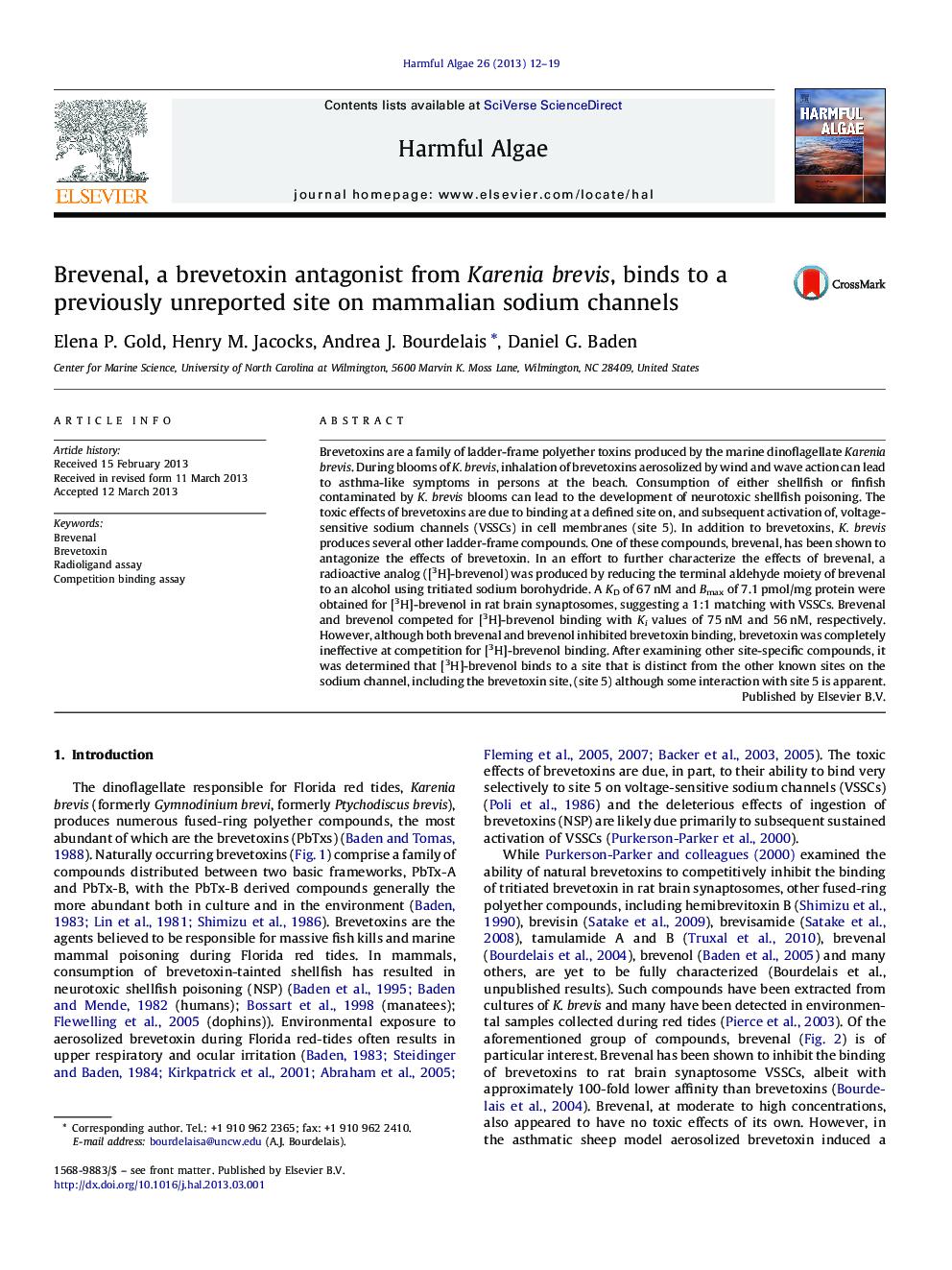 Brevenal, a brevetoxin antagonist from Karenia brevis, binds to a previously unreported site on mammalian sodium channels