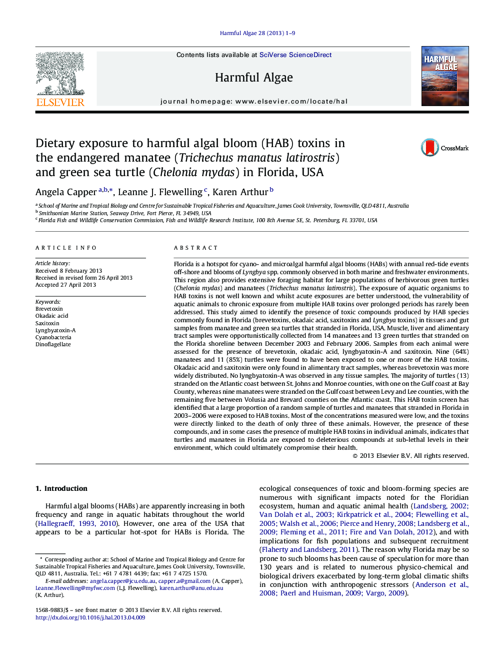 Dietary exposure to harmful algal bloom (HAB) toxins in the endangered manatee (Trichechus manatus latirostris) and green sea turtle (Chelonia mydas) in Florida, USA