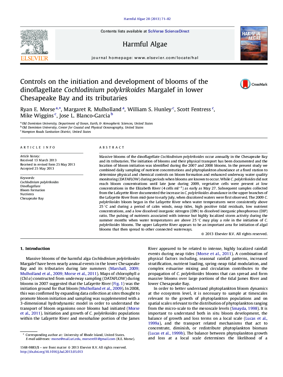 Controls on the initiation and development of blooms of the dinoflagellate Cochlodinium polykrikoides Margalef in lower Chesapeake Bay and its tributaries