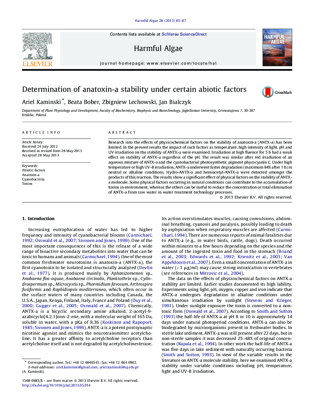 Determination of anatoxin-a stability under certain abiotic factors