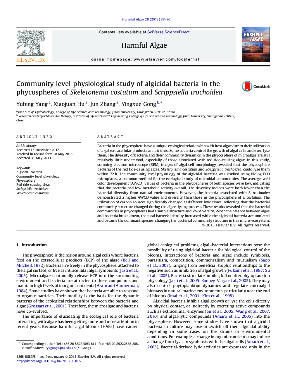 Community level physiological study of algicidal bacteria in the phycospheres of Skeletonema costatum and Scrippsiella trochoidea