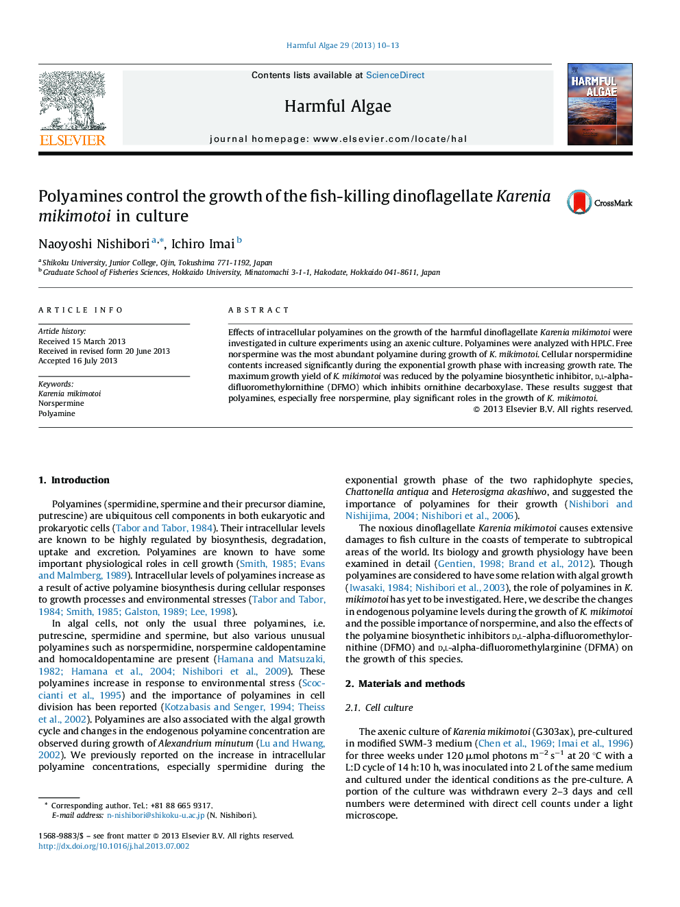 عکس صفحه اول مقاله: Polyamines control the growth of the fish-killing dinoflagellate Karenia mikimotoi in culture Polyamines control the growth of the fish-killing dinoflagellate Karenia mikimotoi in culture