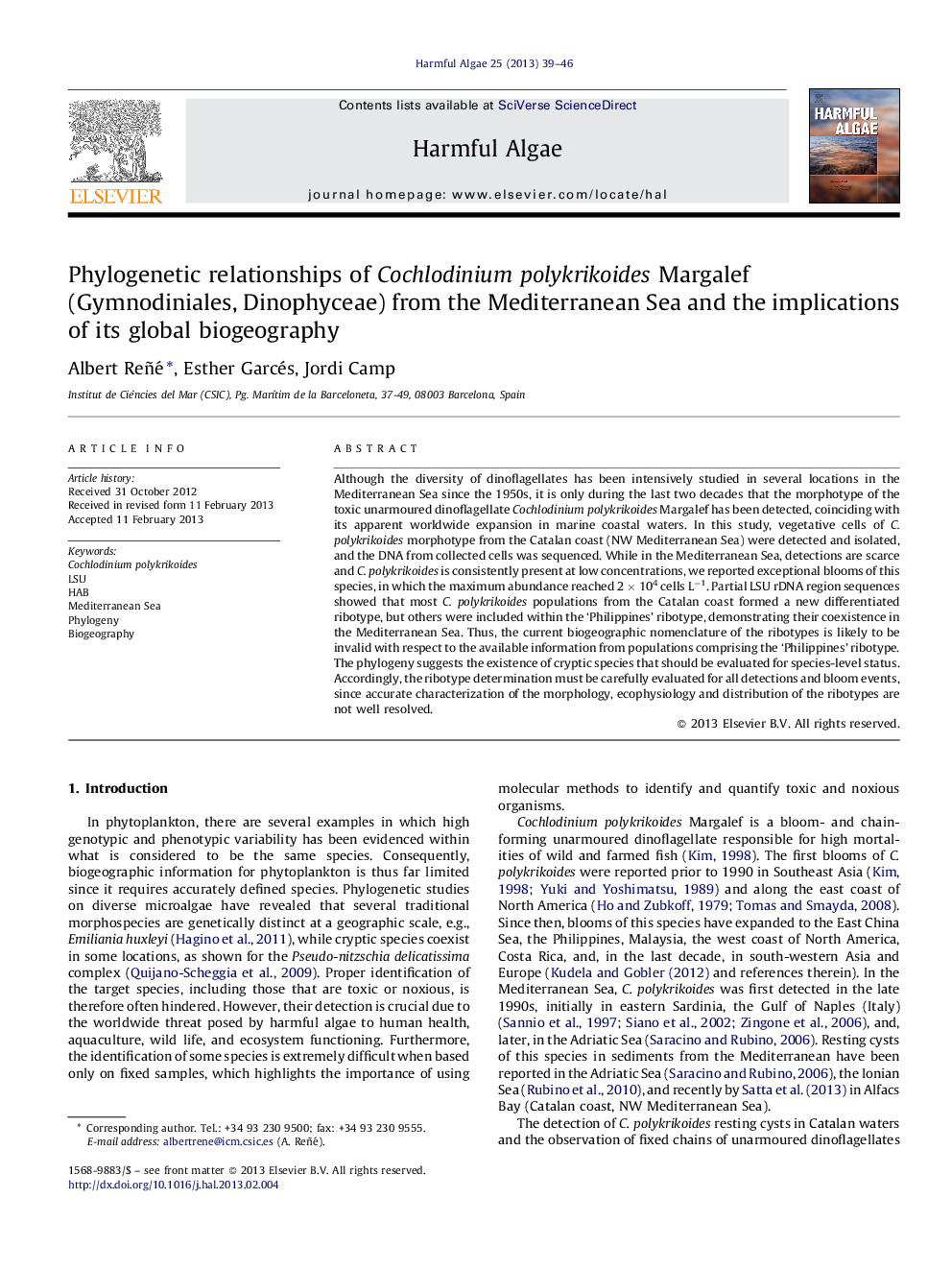 Phylogenetic relationships of Cochlodinium polykrikoides Margalef (Gymnodiniales, Dinophyceae) from the Mediterranean Sea and the implications of its global biogeography