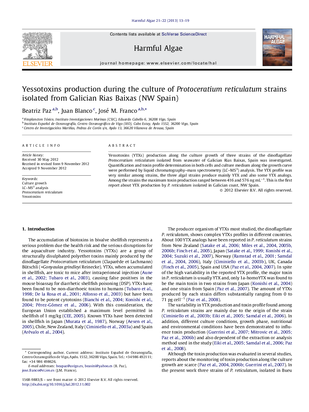 Yessotoxins production during the culture of Protoceratium reticulatum strains isolated from Galician Rias Baixas (NW Spain)