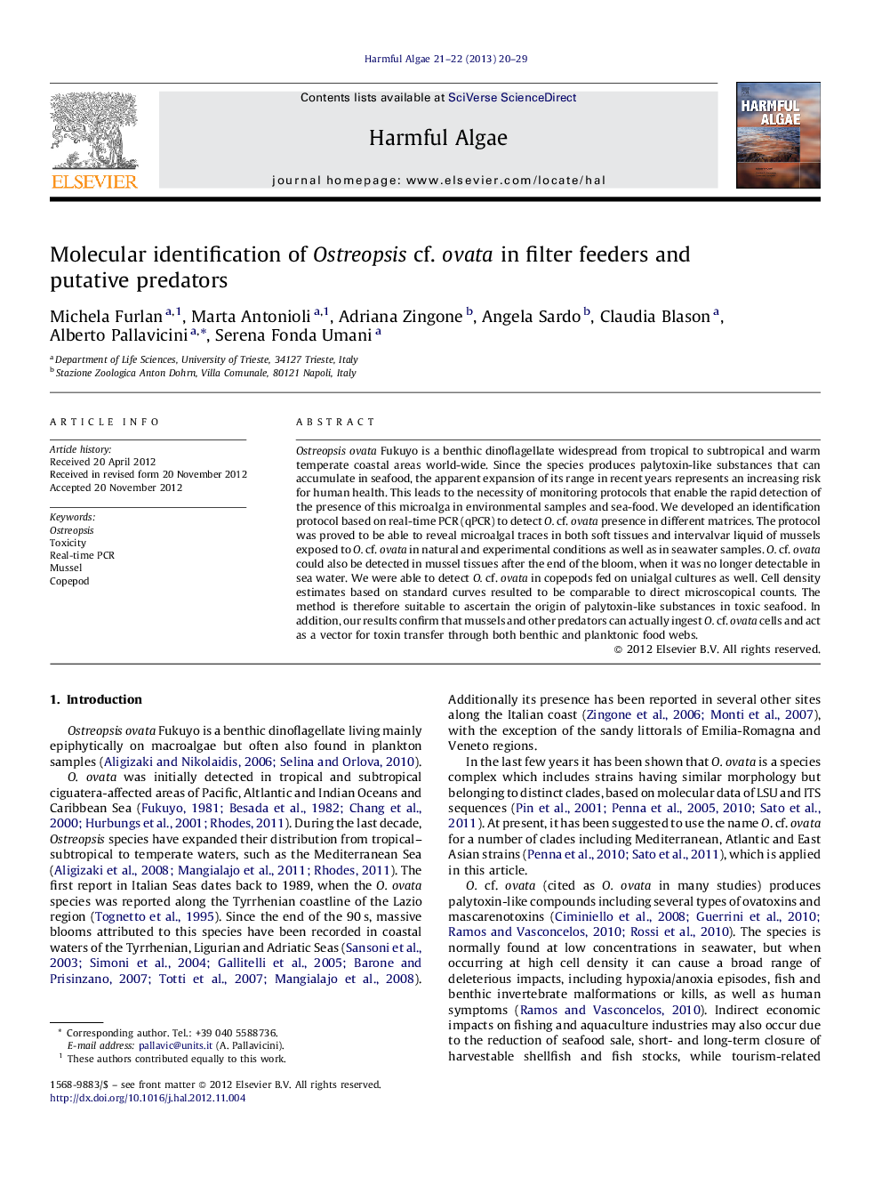 Molecular identification of Ostreopsis cf. ovata in filter feeders and putative predators