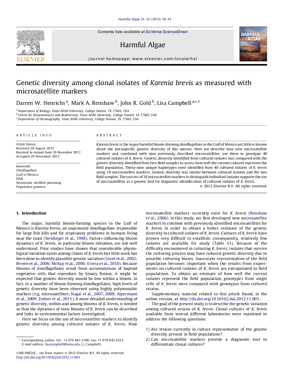 Genetic diversity among clonal isolates of Karenia brevis as measured with microsatellite markers