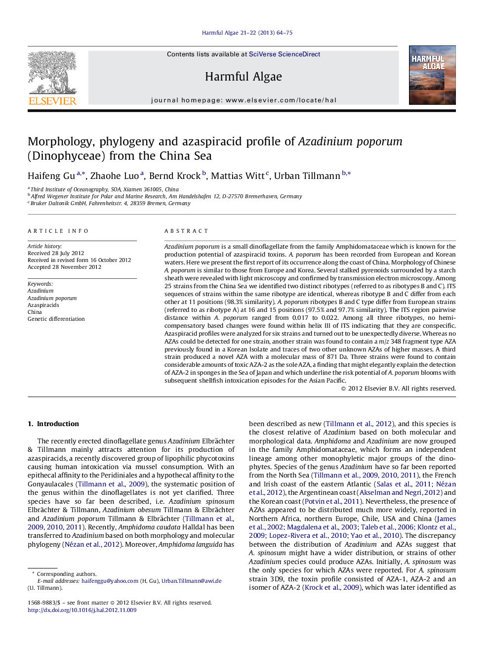 Morphology, phylogeny and azaspiracid profile of Azadinium poporum (Dinophyceae) from the China Sea