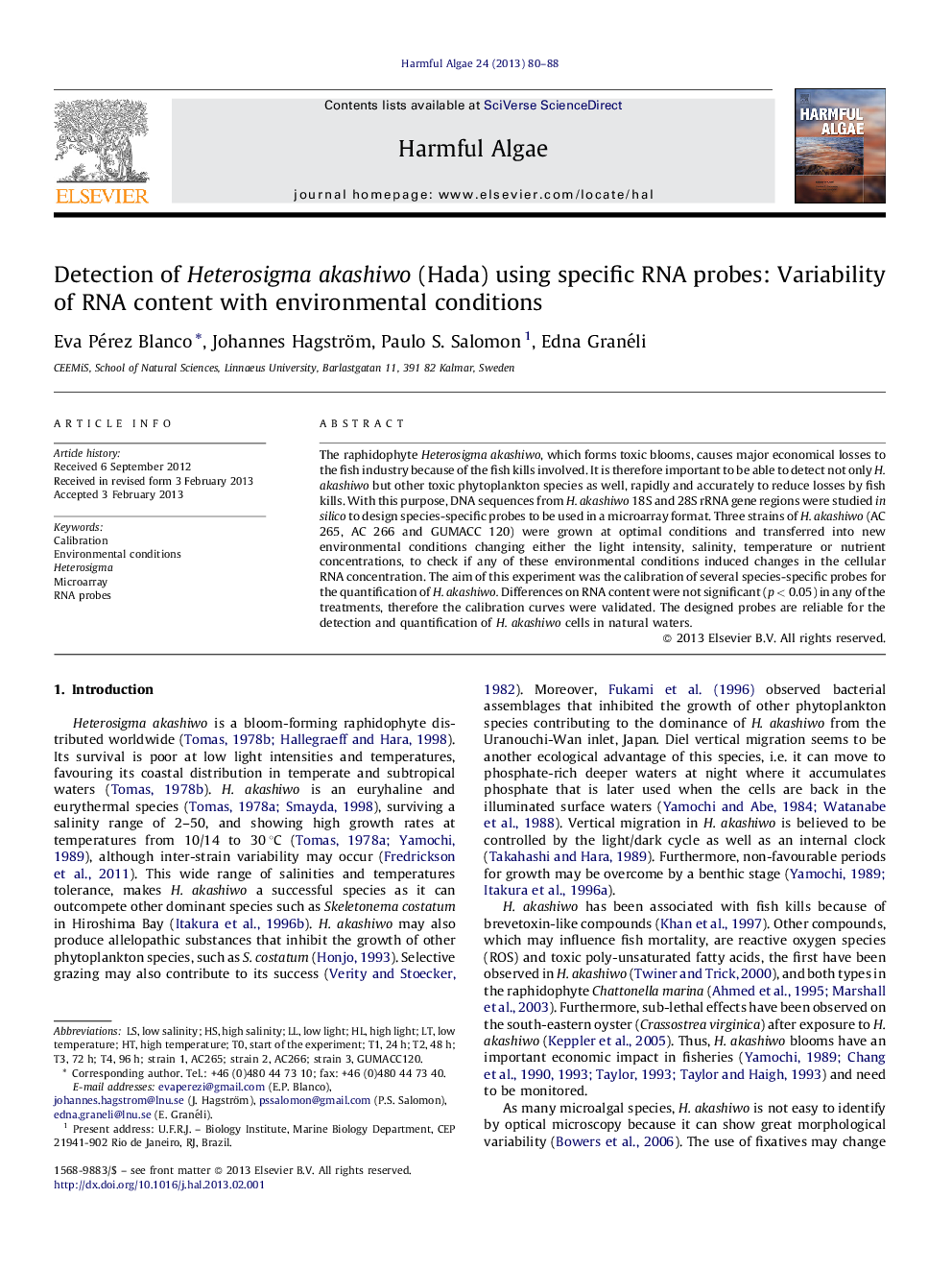 Detection of Heterosigma akashiwo (Hada) using specific RNA probes: Variability of RNA content with environmental conditions