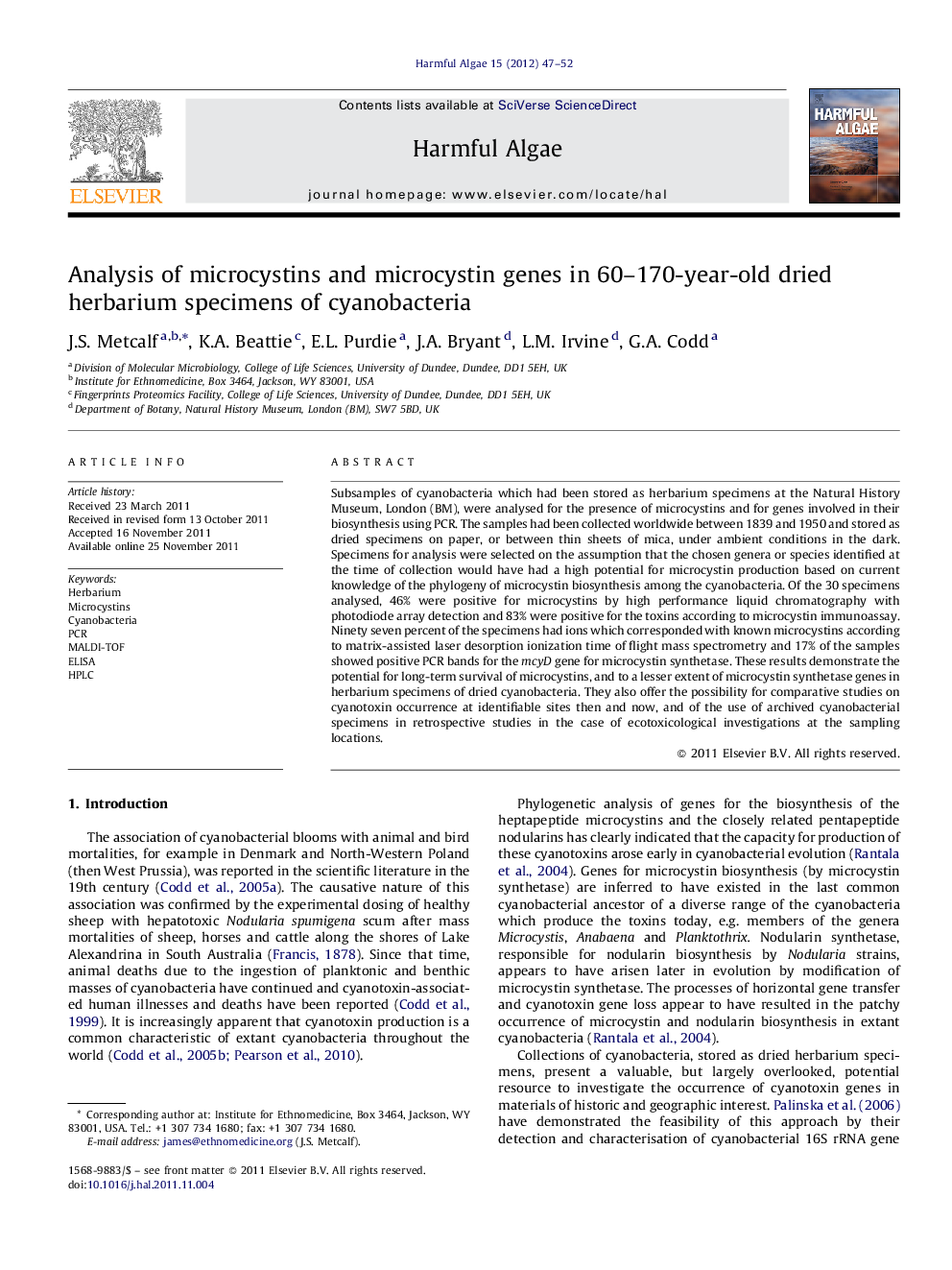 Analysis of microcystins and microcystin genes in 60–170-year-old dried herbarium specimens of cyanobacteria