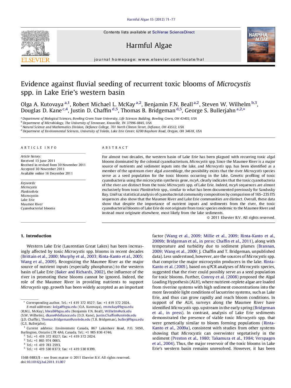 Evidence against fluvial seeding of recurrent toxic blooms of Microcystis spp. in Lake Erie's western basin