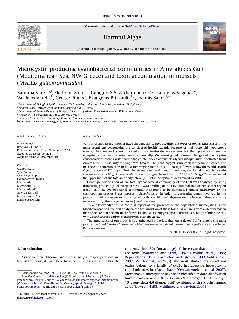 Microcystin producing cyanobacterial communities in Amvrakikos Gulf (Mediterranean Sea, NW Greece) and toxin accumulation in mussels (Mytilus galloprovincialis)