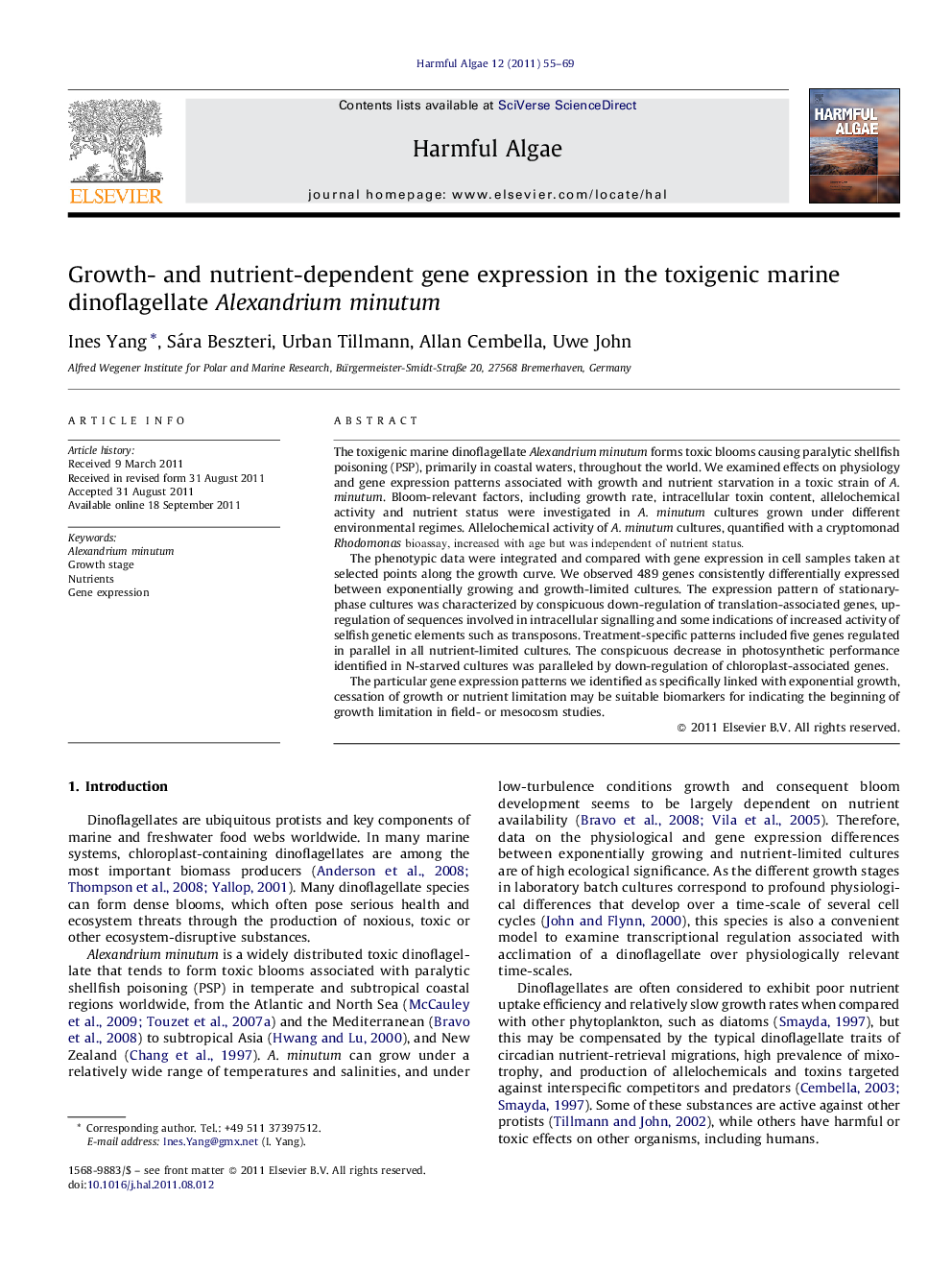 Growth- and nutrient-dependent gene expression in the toxigenic marine dinoflagellate Alexandrium minutum