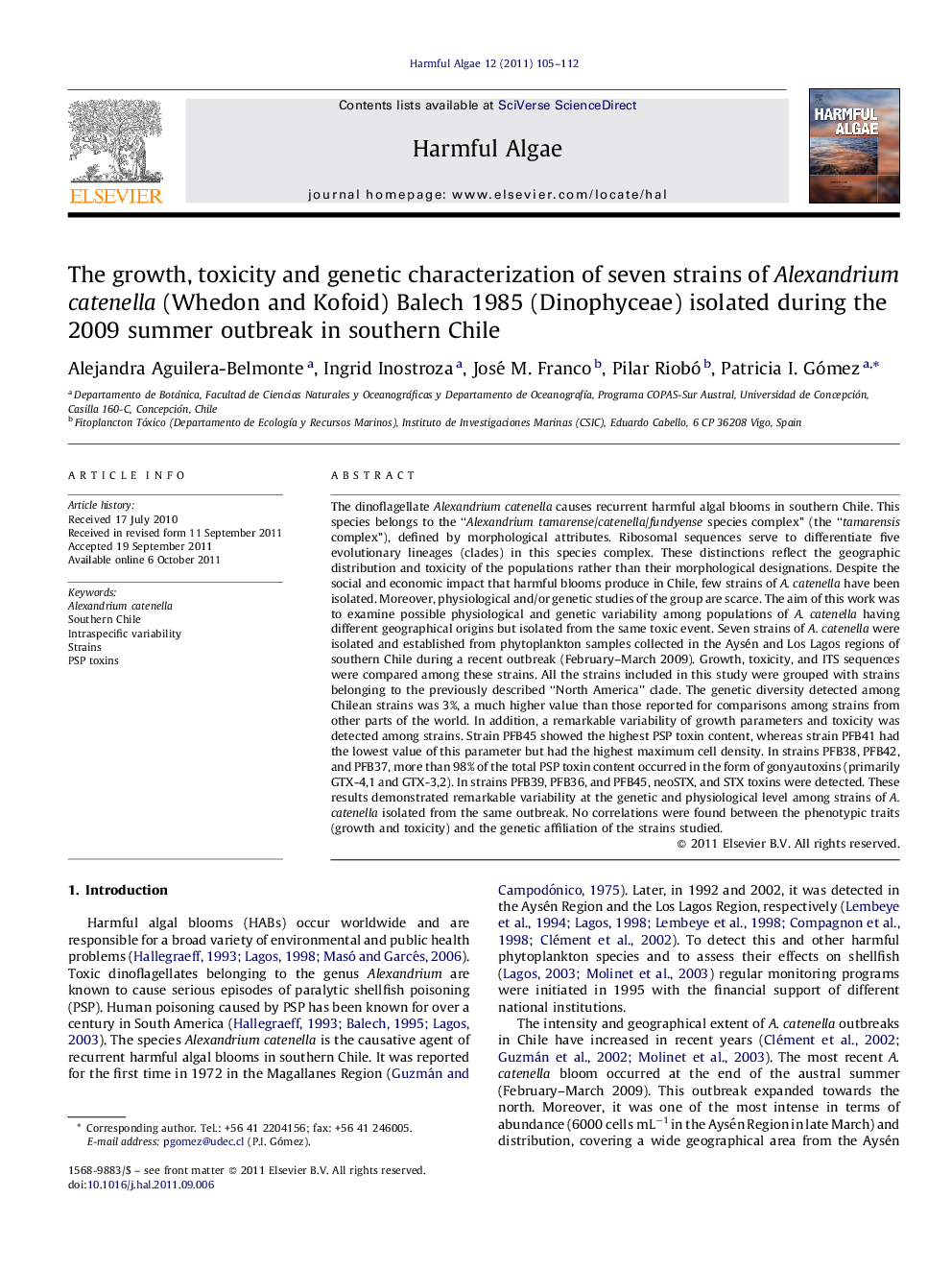 The growth, toxicity and genetic characterization of seven strains of Alexandrium catenella (Whedon and Kofoid) Balech 1985 (Dinophyceae) isolated during the 2009 summer outbreak in southern Chile