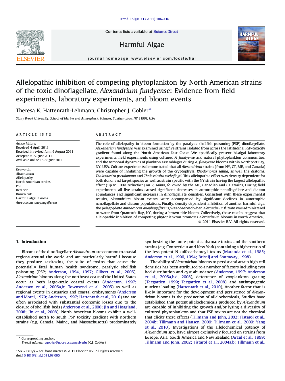 Allelopathic inhibition of competing phytoplankton by North American strains of the toxic dinoflagellate, Alexandrium fundyense: Evidence from field experiments, laboratory experiments, and bloom events