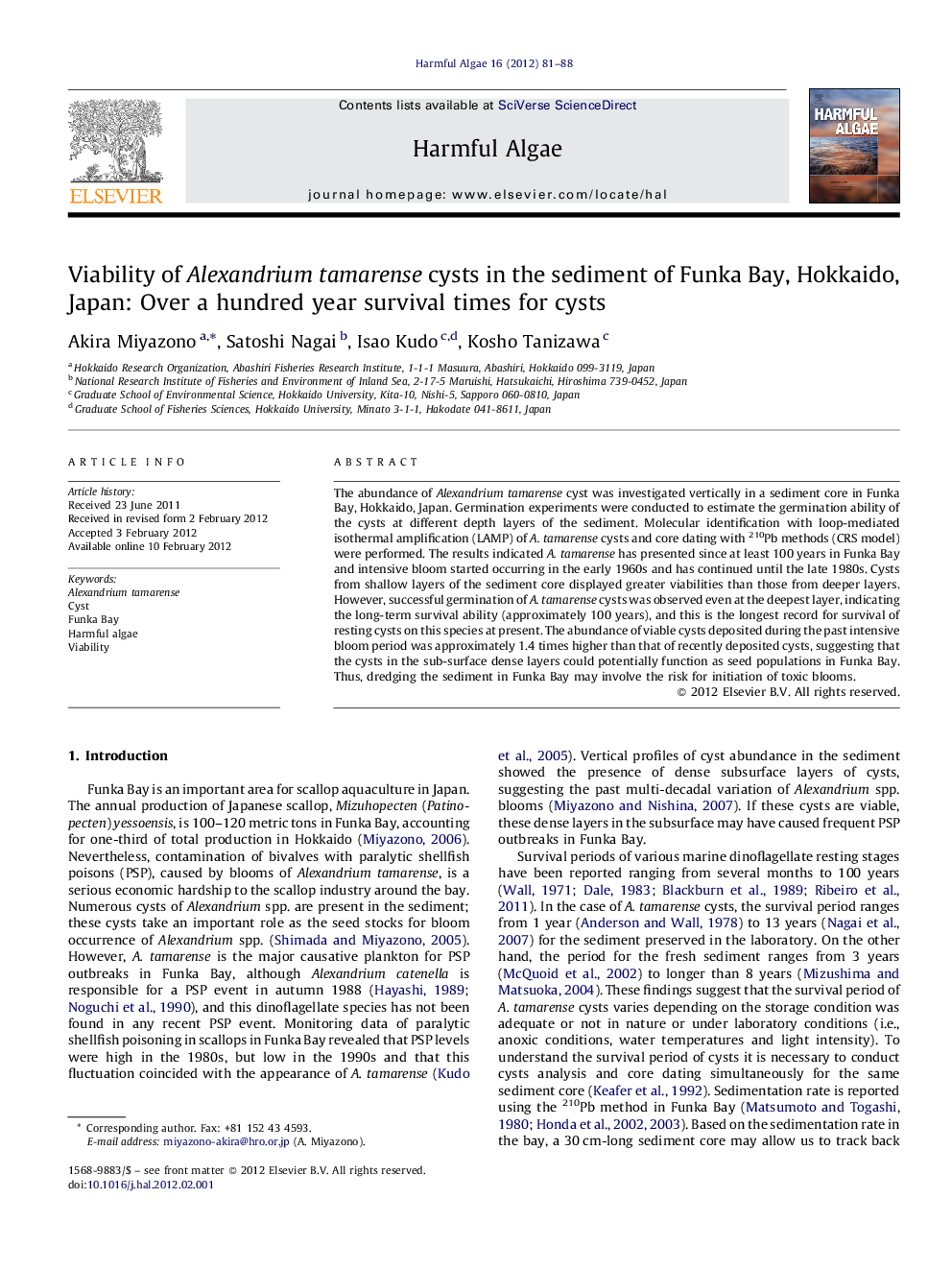 Viability of Alexandrium tamarense cysts in the sediment of Funka Bay, Hokkaido, Japan: Over a hundred year survival times for cysts